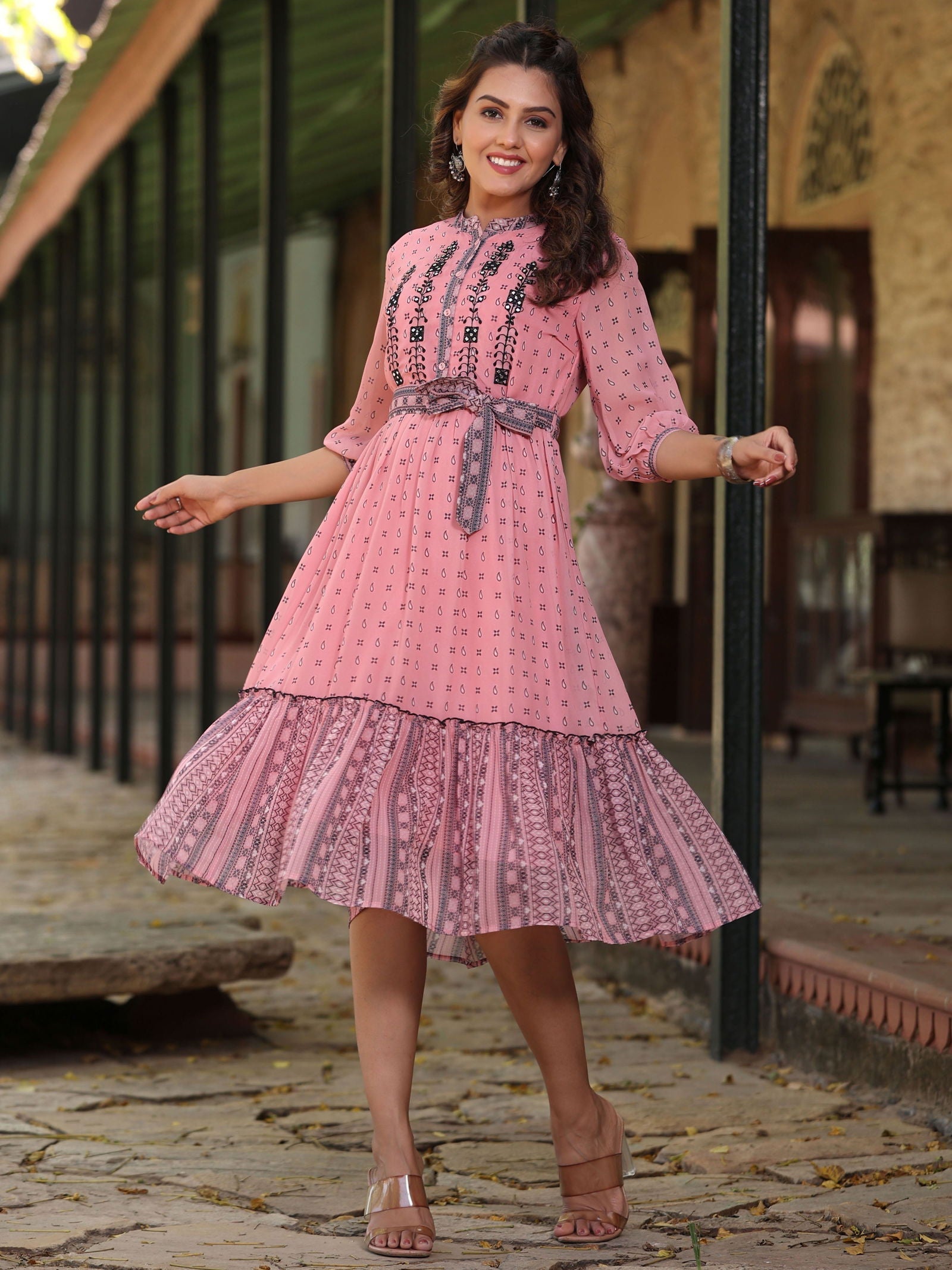 Juniper  Pink Geometric Printed Georgette Tiered Dress With Mirror Work Embroidery 