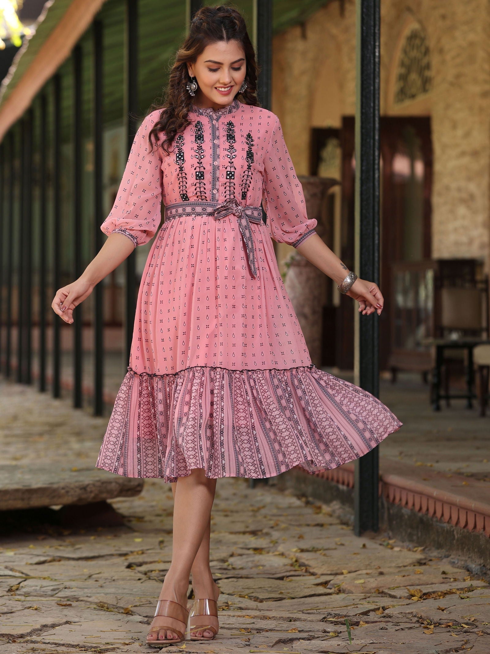Juniper  Pink Geometric Printed Georgette Tiered Dress With Mirror Work Embroidery 