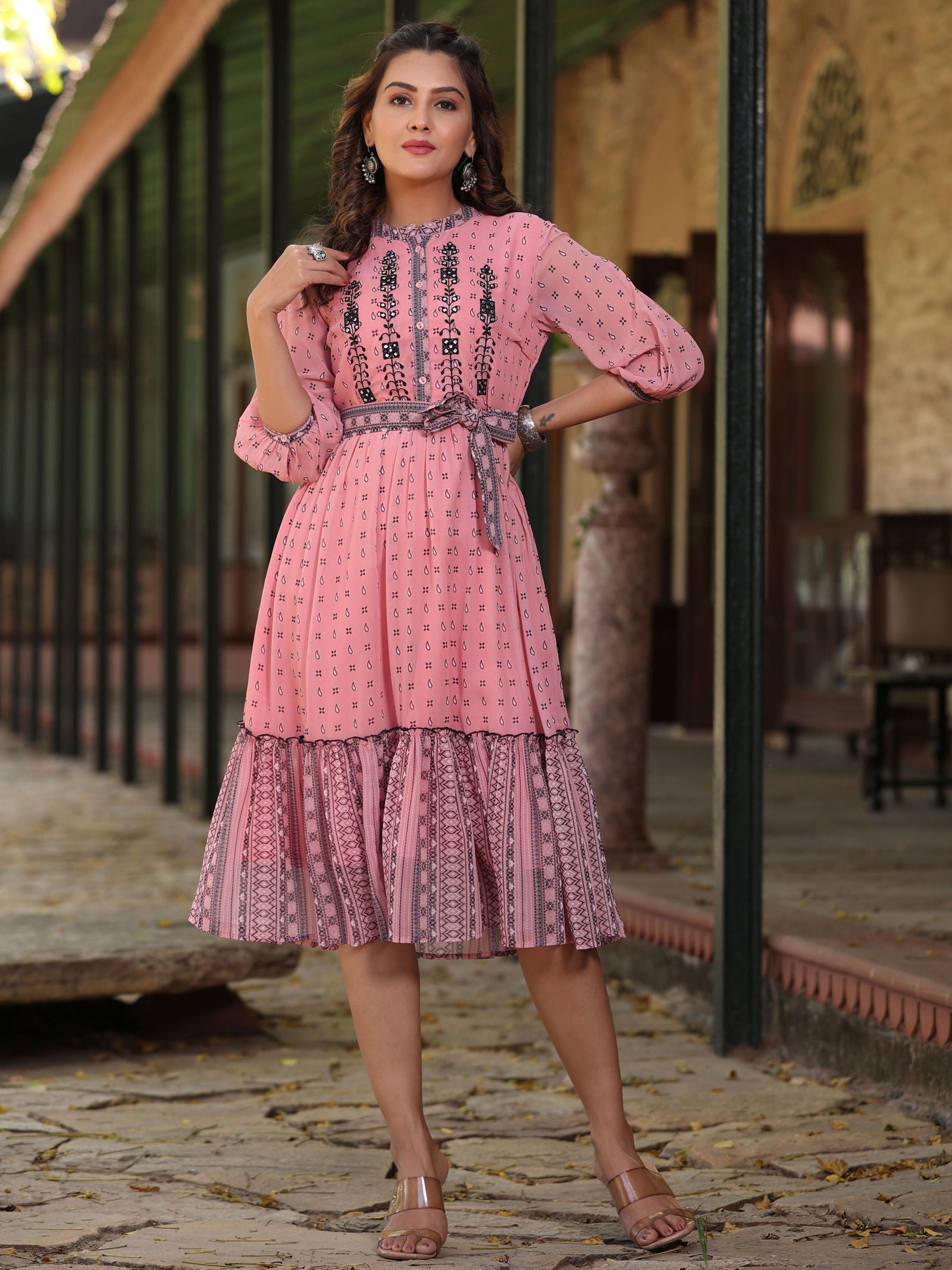 Juniper  Pink Geometric Printed Georgette Tiered Dress With Mirror Work Embroidery 