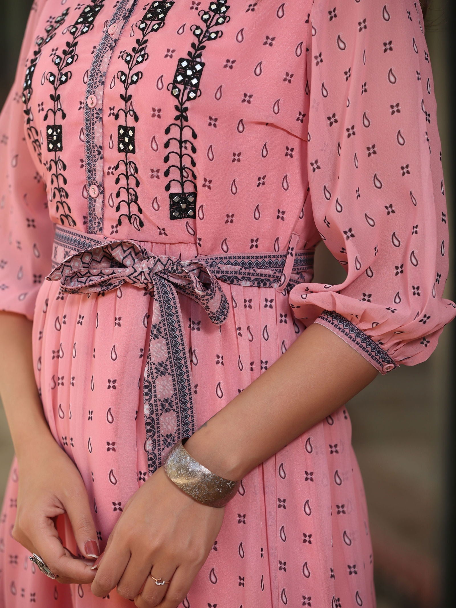Juniper  Pink Geometric Printed Georgette Tiered Dress With Mirror Work Embroidery 