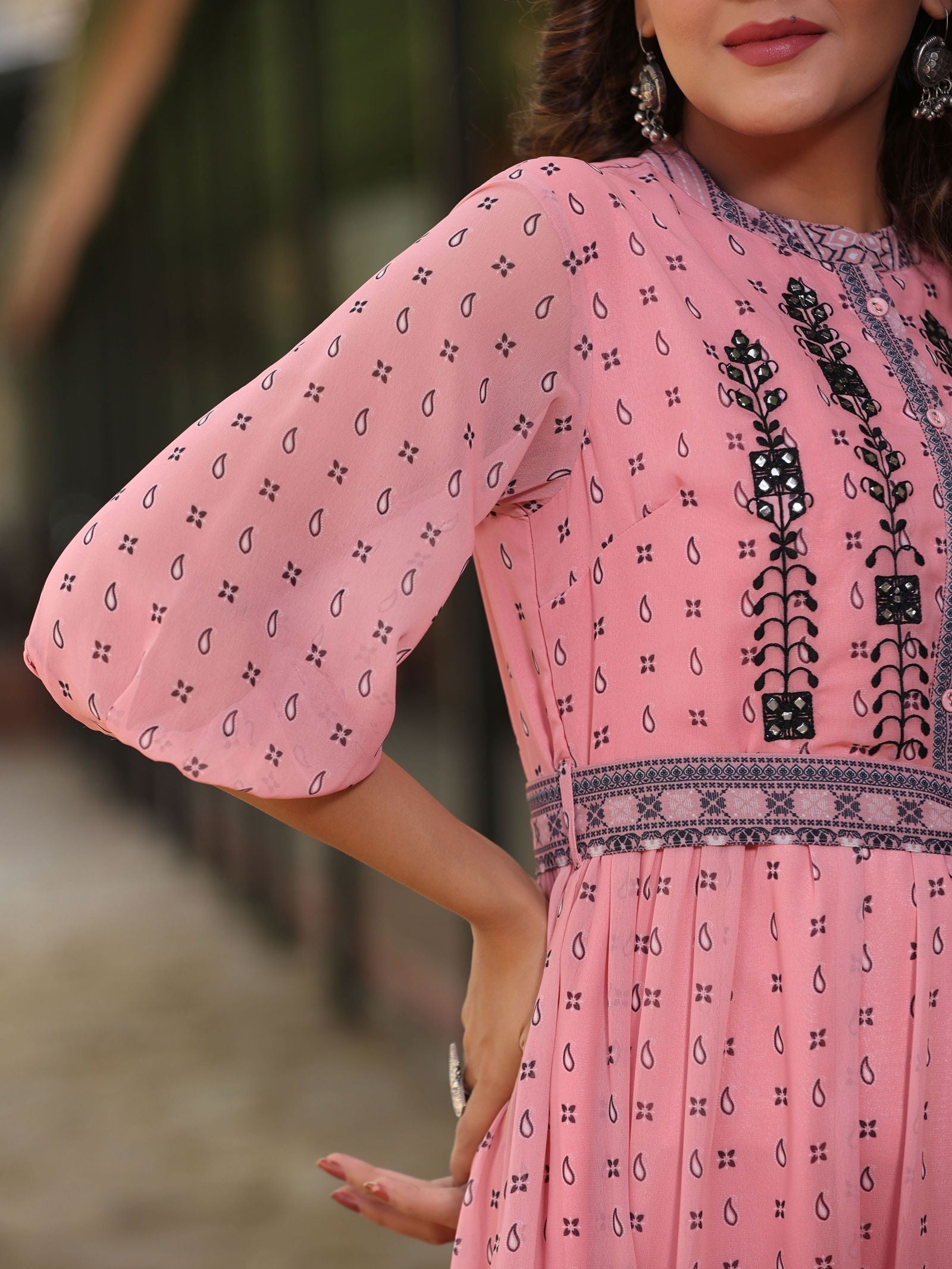 Juniper  Pink Geometric Printed Georgette Tiered Dress With Mirror Work Embroidery 