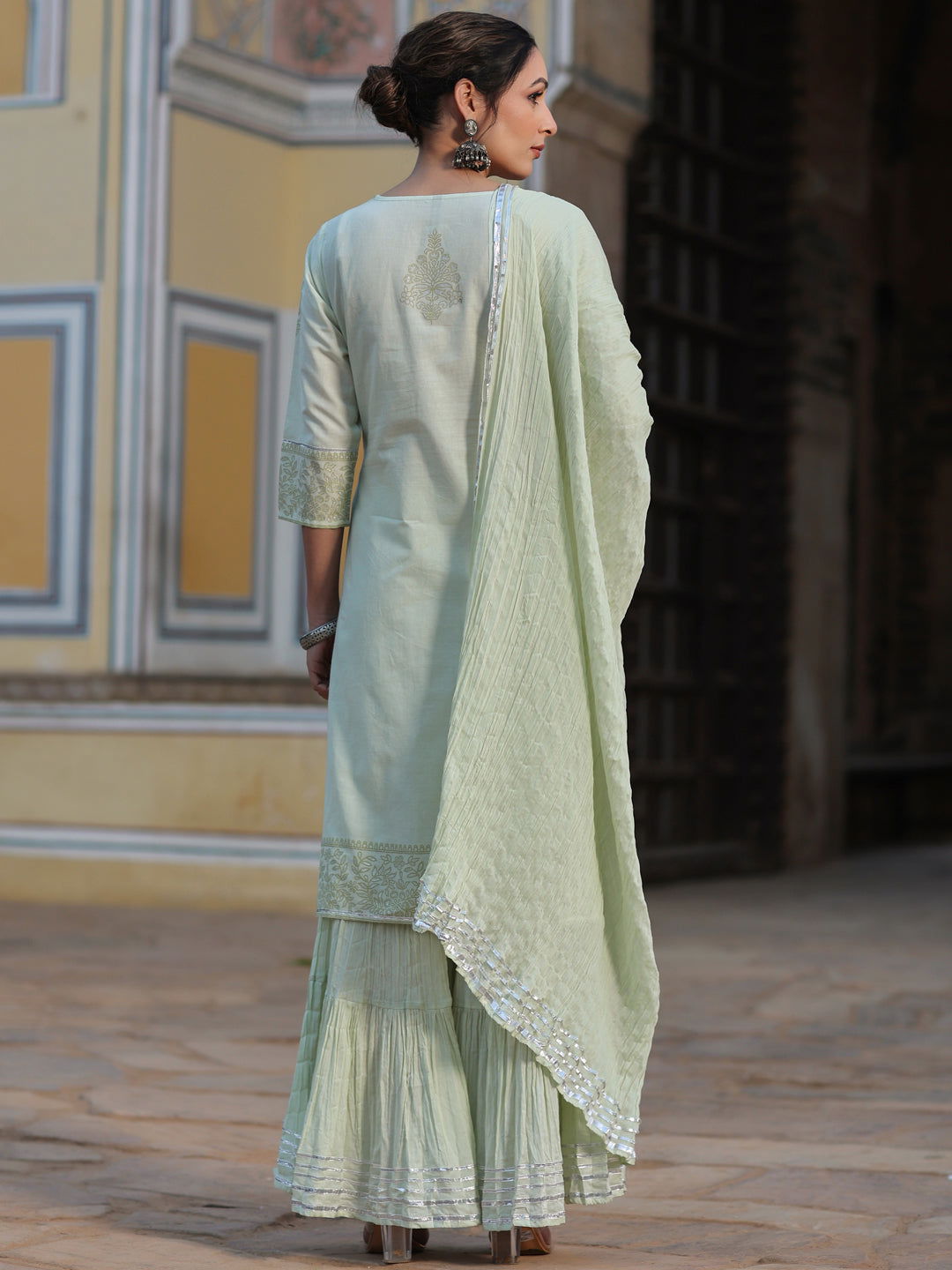 Juniper  Pista Green Pure Cotton Printed Kurta, Sharara & Dupatta Set With Beads & Sequins 