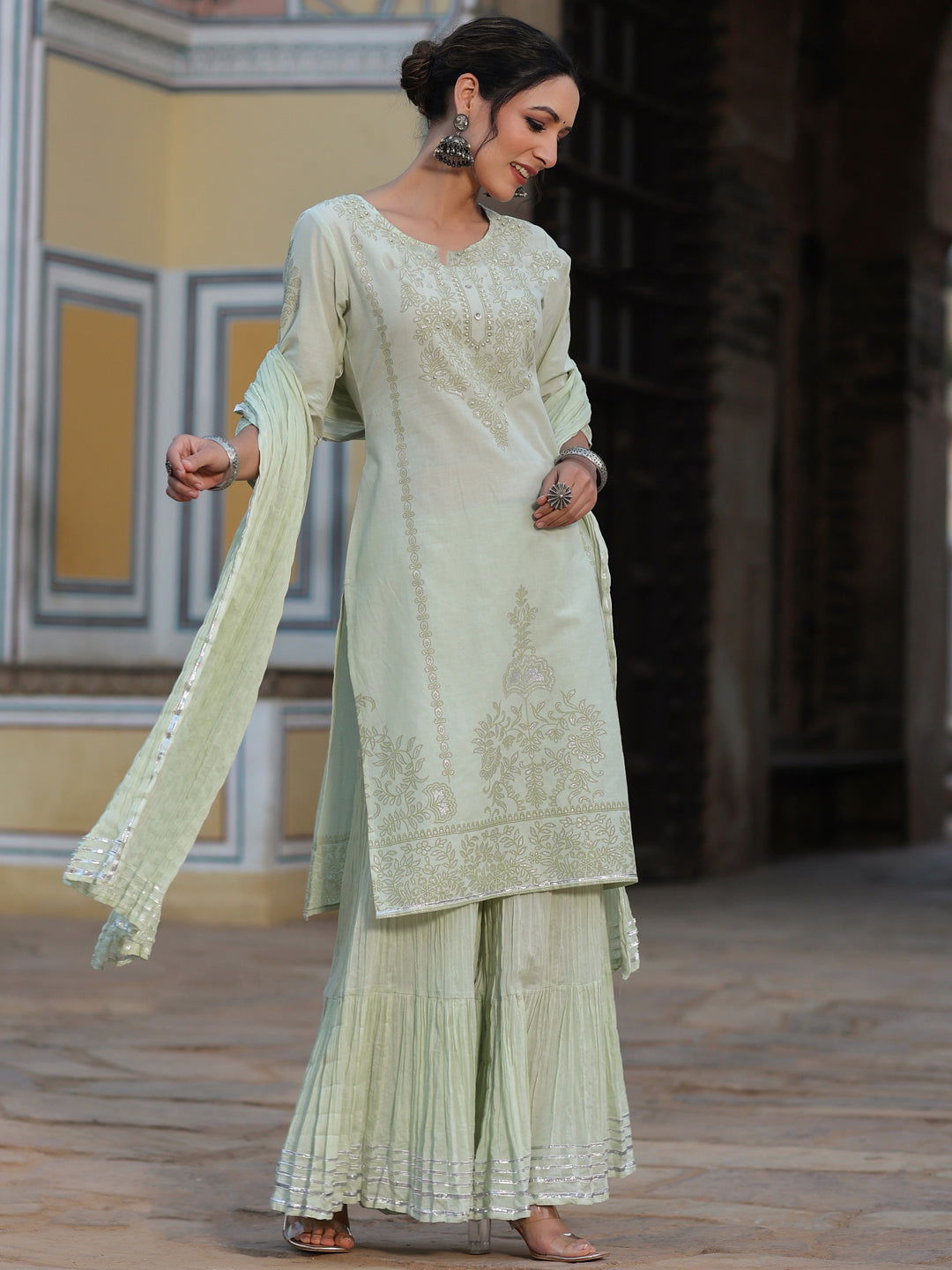 Juniper  Pista Green Pure Cotton Printed Kurta, Sharara & Dupatta Set With Beads & Sequins 