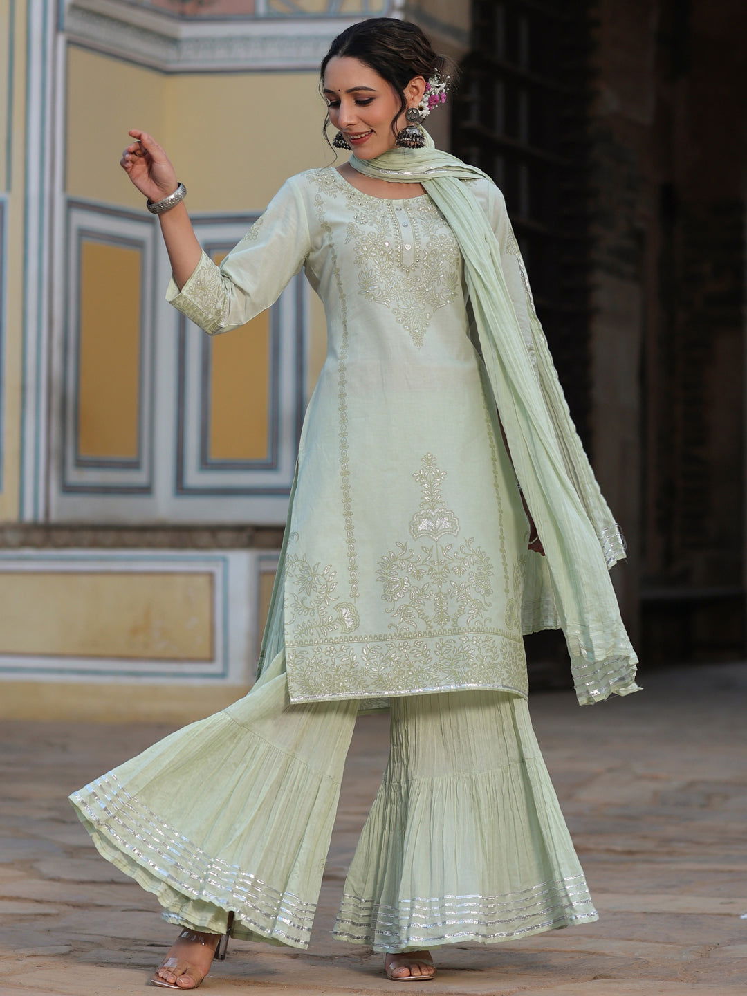 Juniper  Pista Green Pure Cotton Printed Kurta, Sharara & Dupatta Set With Beads & Sequins 
