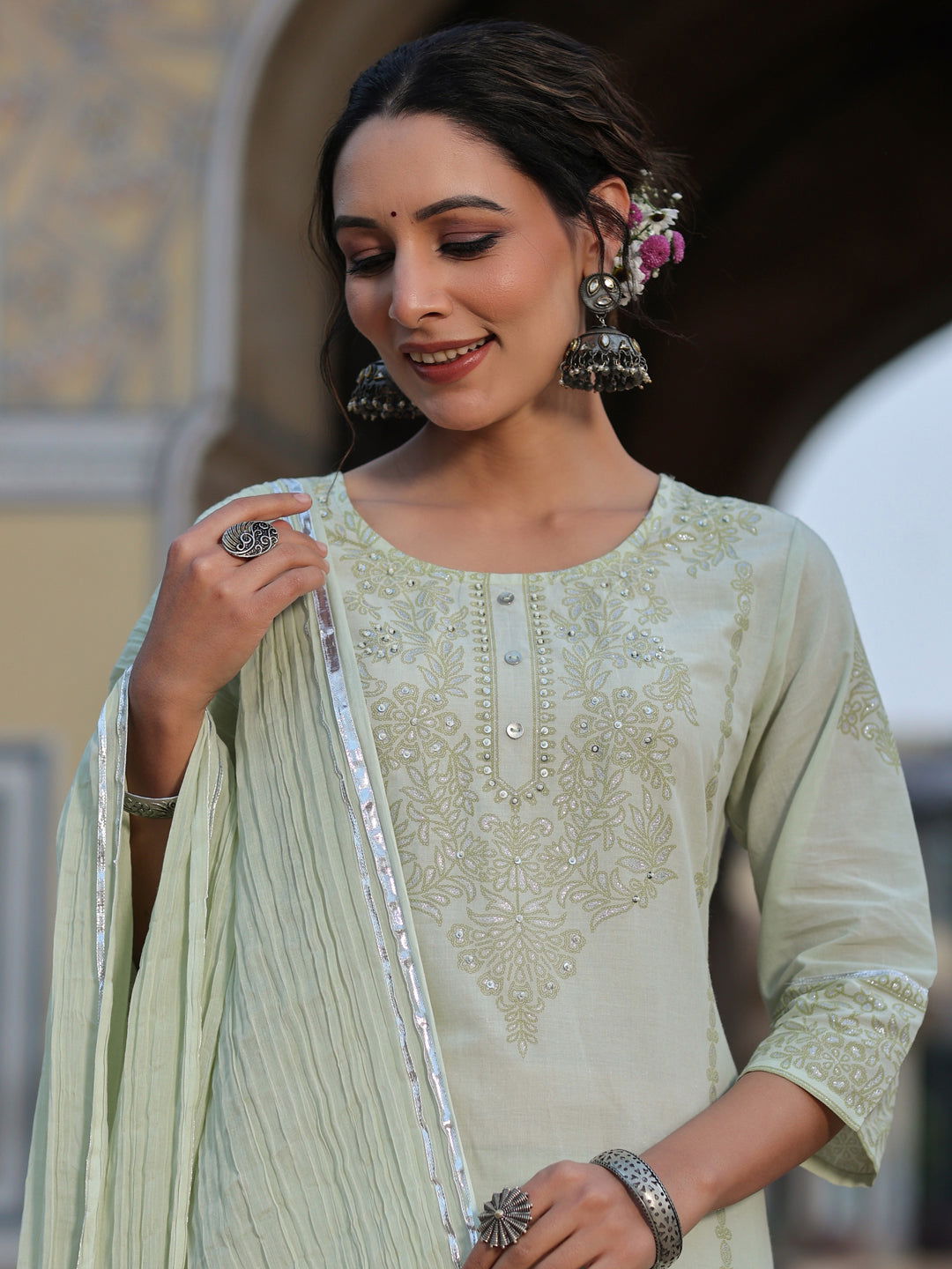 Juniper  Pista Green Pure Cotton Printed Kurta, Sharara & Dupatta Set With Beads & Sequins 