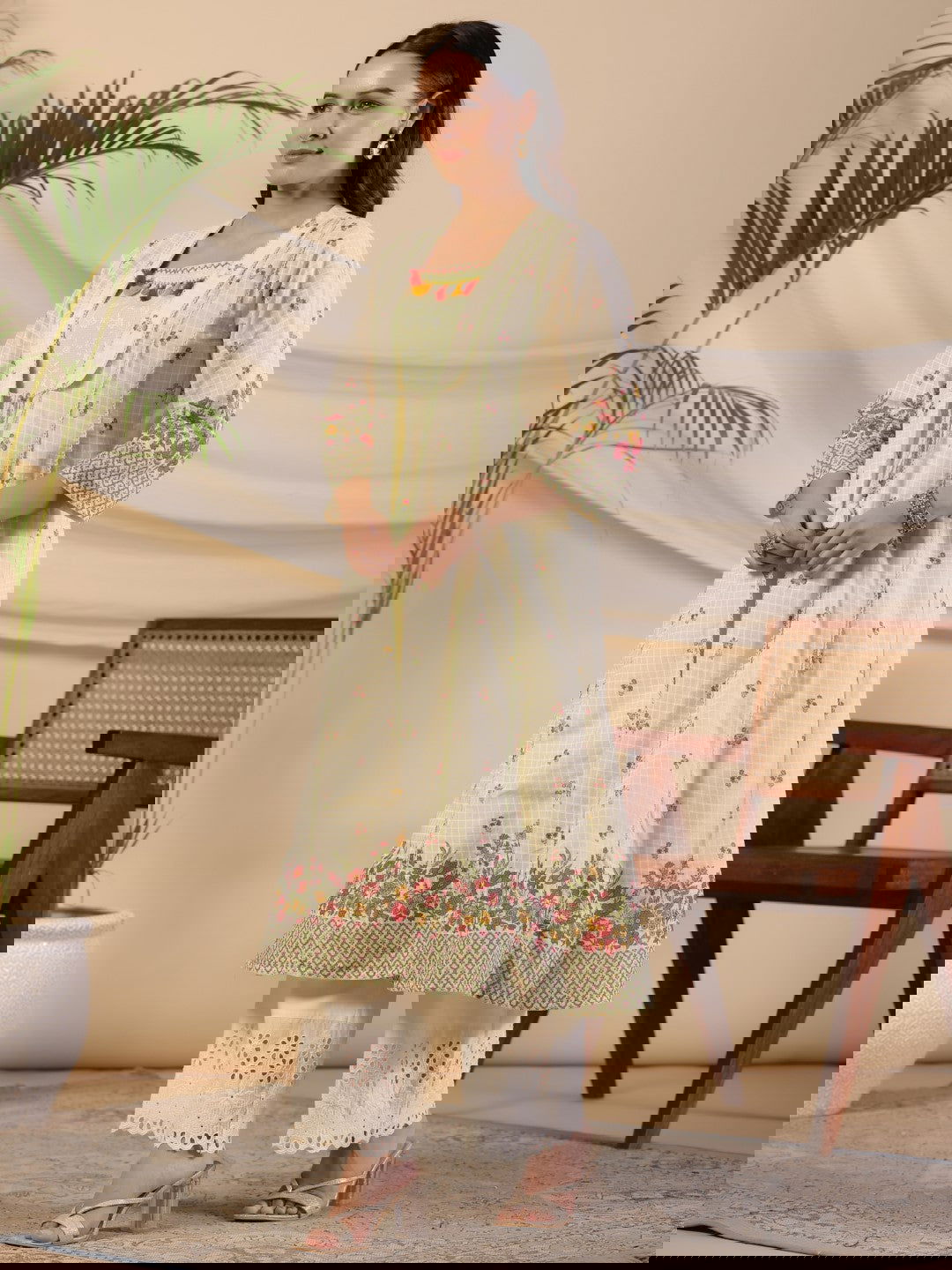 Juniper  Pure Cotton Lime Green Floral Lacy Kurta & Jacket With Kantha Work & Contrast Tassel Coin 