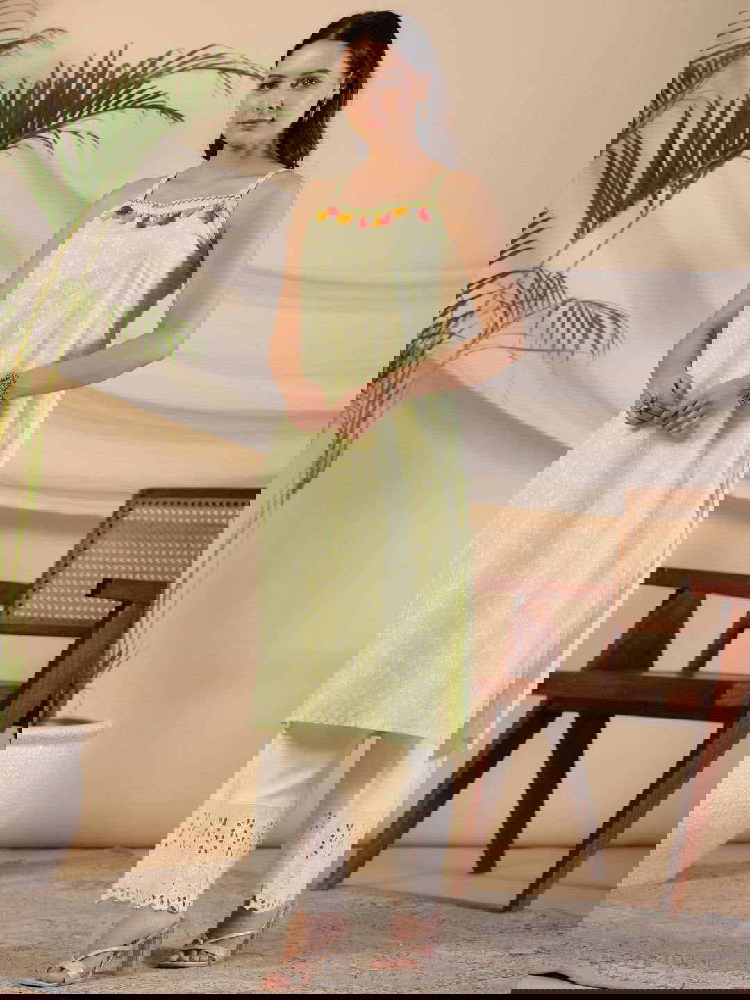 Juniper  Pure Cotton Lime Green Floral Lacy Kurta & Jacket With Kantha Work & Contrast Tassel Coin 