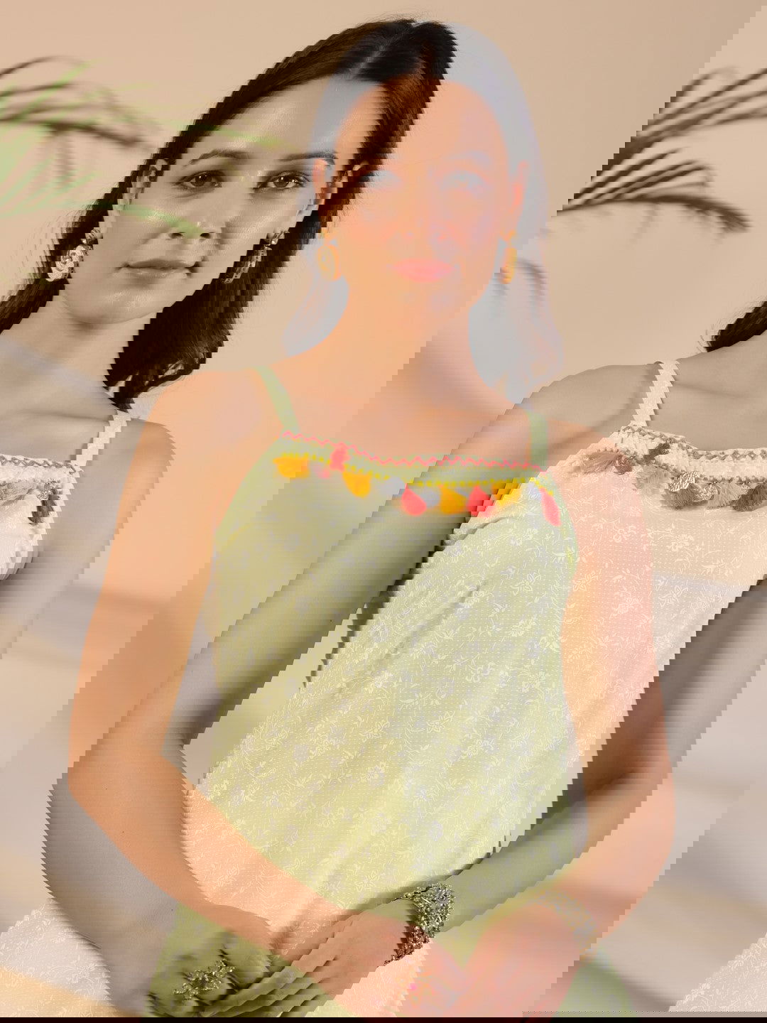 Juniper  Pure Cotton Lime Green Floral Lacy Kurta & Jacket With Kantha Work & Contrast Tassel Coin 