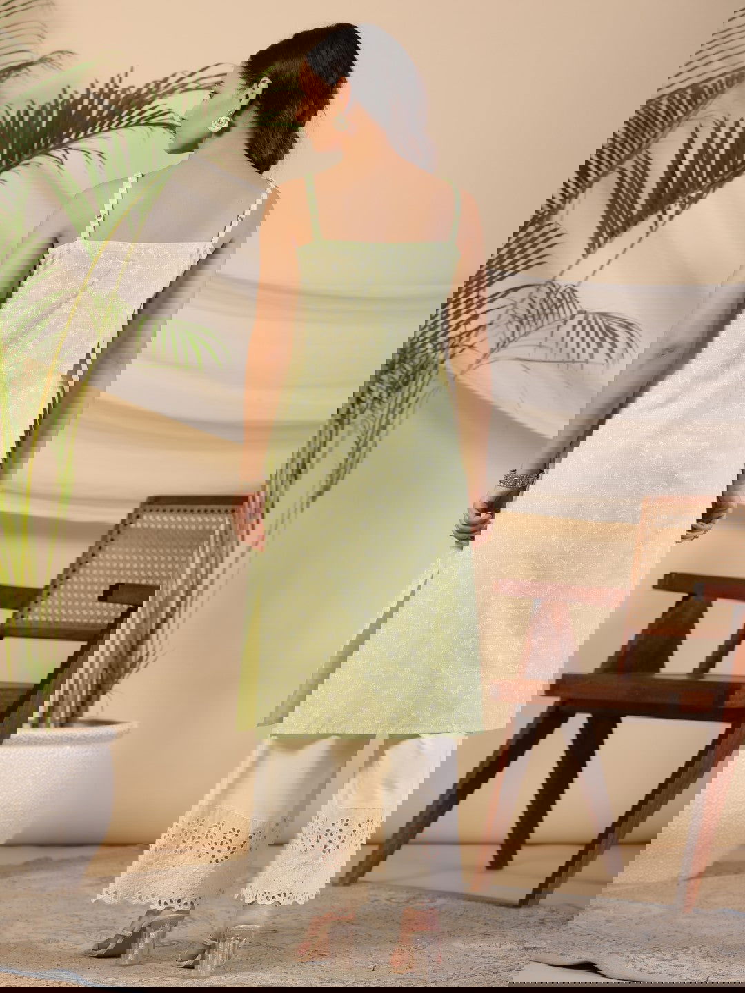 Juniper  Pure Cotton Lime Green Floral Lacy Kurta & Jacket With Kantha Work & Contrast Tassel Coin 