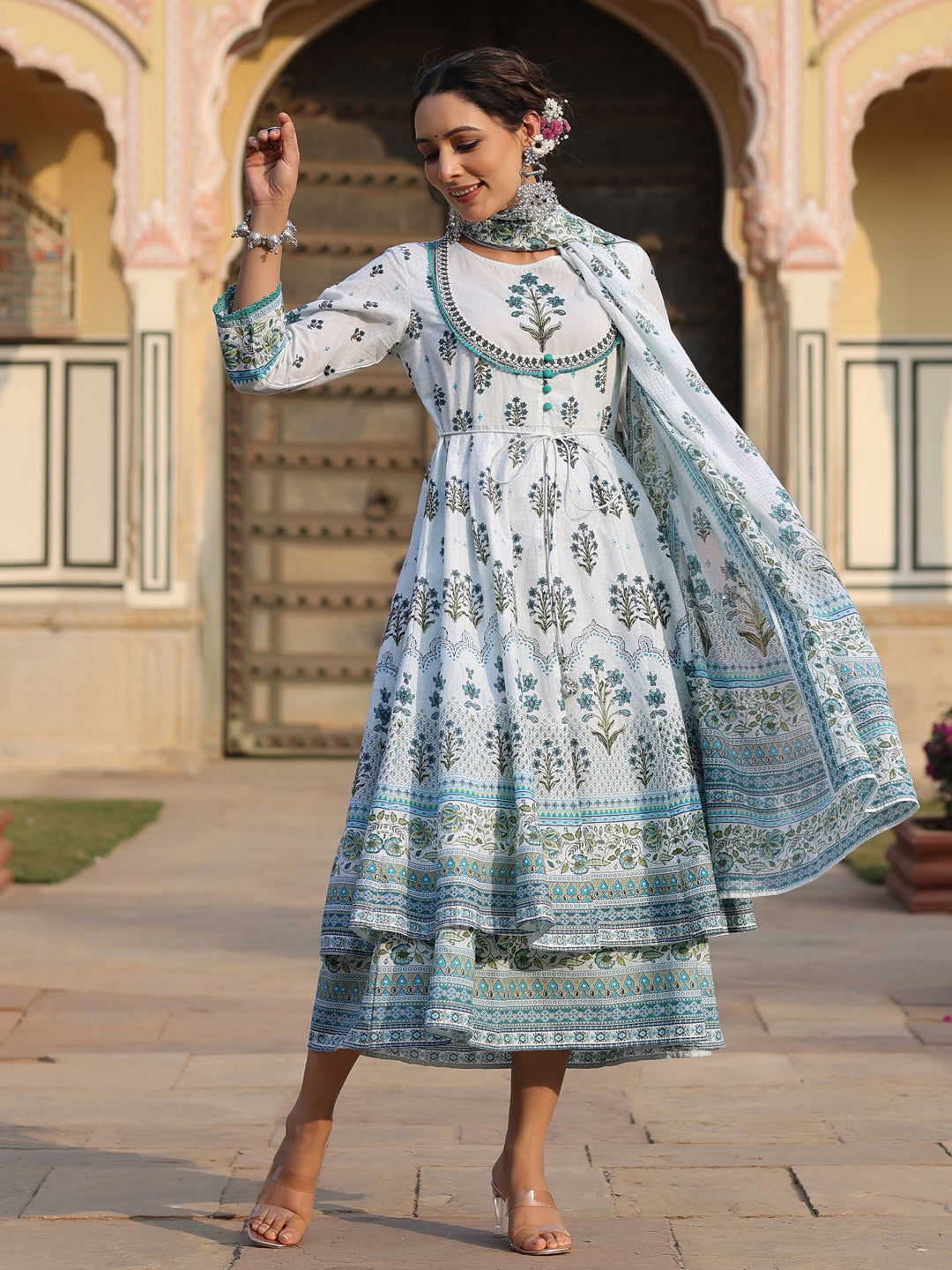 Juniper  Sky Blue Ethnic Motif Printed Pure Cotton Layered Dress & Kota Dupatta Set With Thread Work 