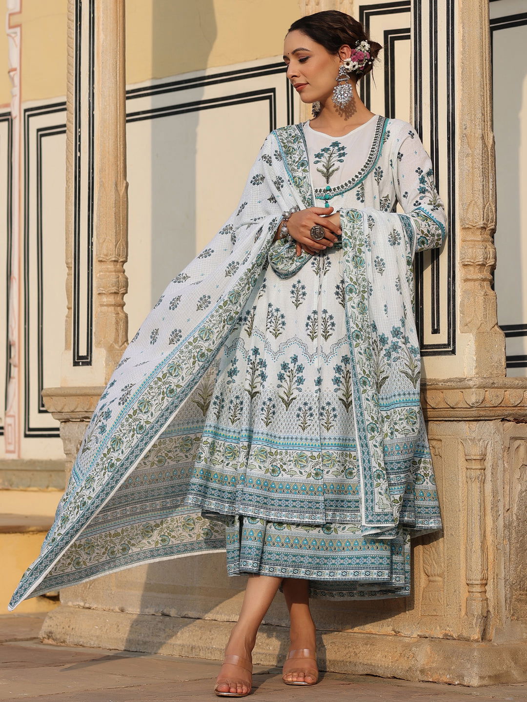 Juniper  Sky Blue Ethnic Motif Printed Pure Cotton Layered Dress & Kota Dupatta Set With Thread Work 