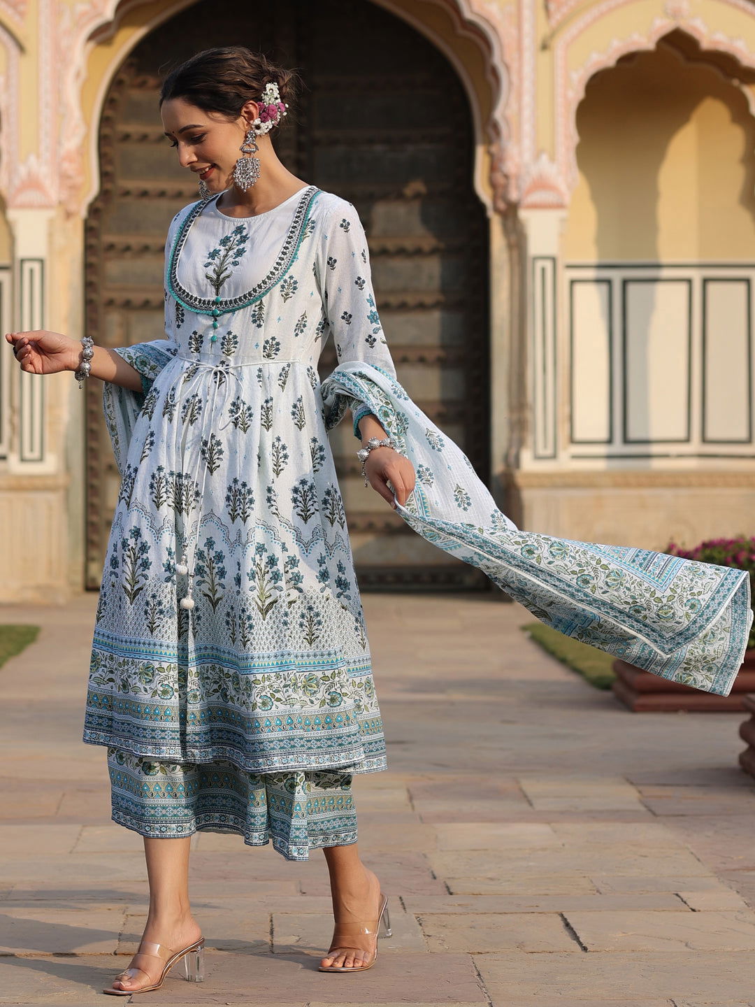 Juniper  Sky Blue Ethnic Motif Printed Pure Cotton Layered Dress & Kota Dupatta Set With Thread Work 