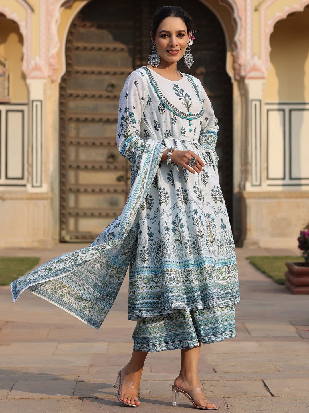 Juniper  Sky Blue Ethnic Motif Printed Pure Cotton Layered Dress & Kota Dupatta Set With Thread Work 