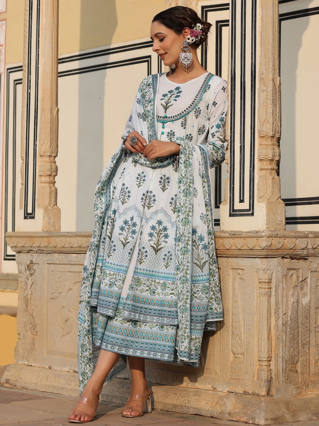 Juniper  Sky Blue Ethnic Motif Printed Pure Cotton Layered Dress & Kota Dupatta Set With Thread Work 