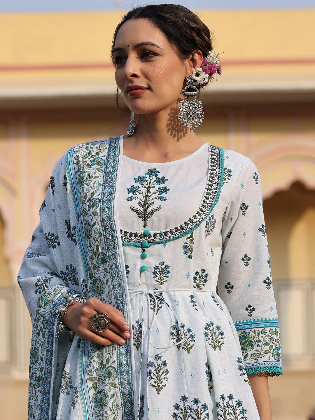 Juniper  Sky Blue Ethnic Motif Printed Pure Cotton Layered Dress & Kota Dupatta Set With Thread Work 