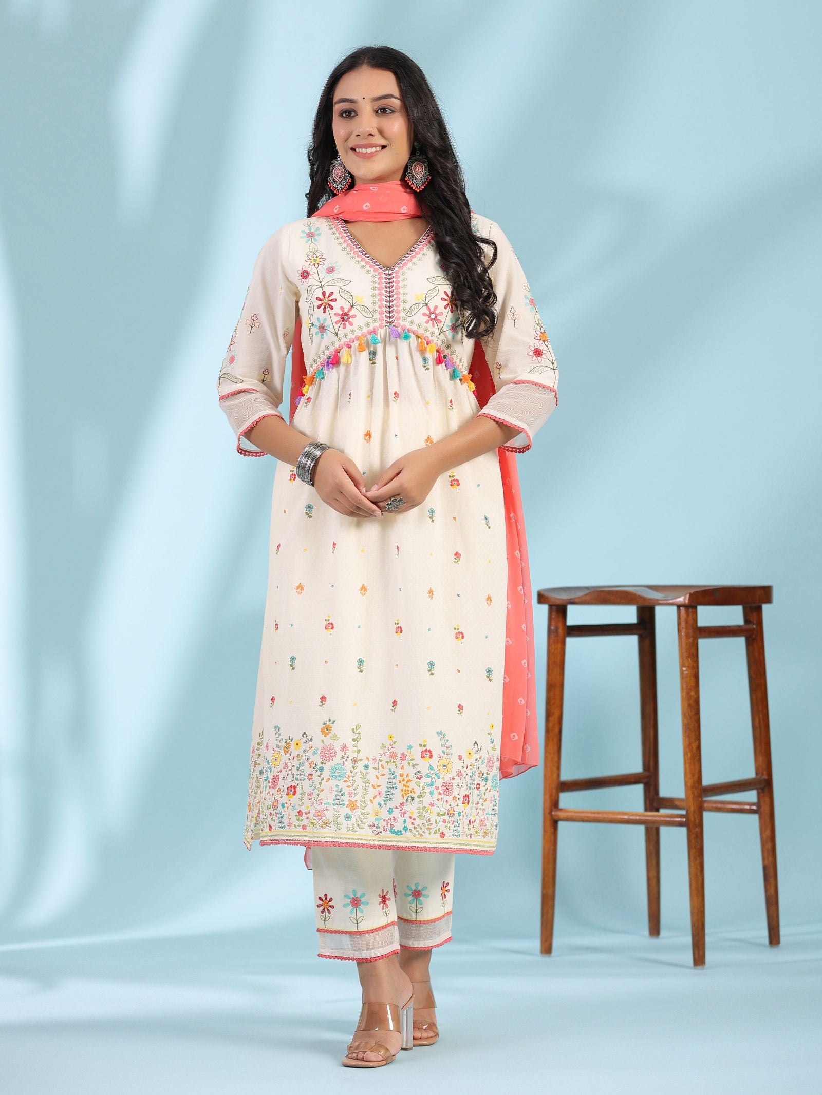 Juniper  White Pure Cotton Floral Print Alia Cut Lacy Kurta With Pant & Dupatta Set With Tassel 