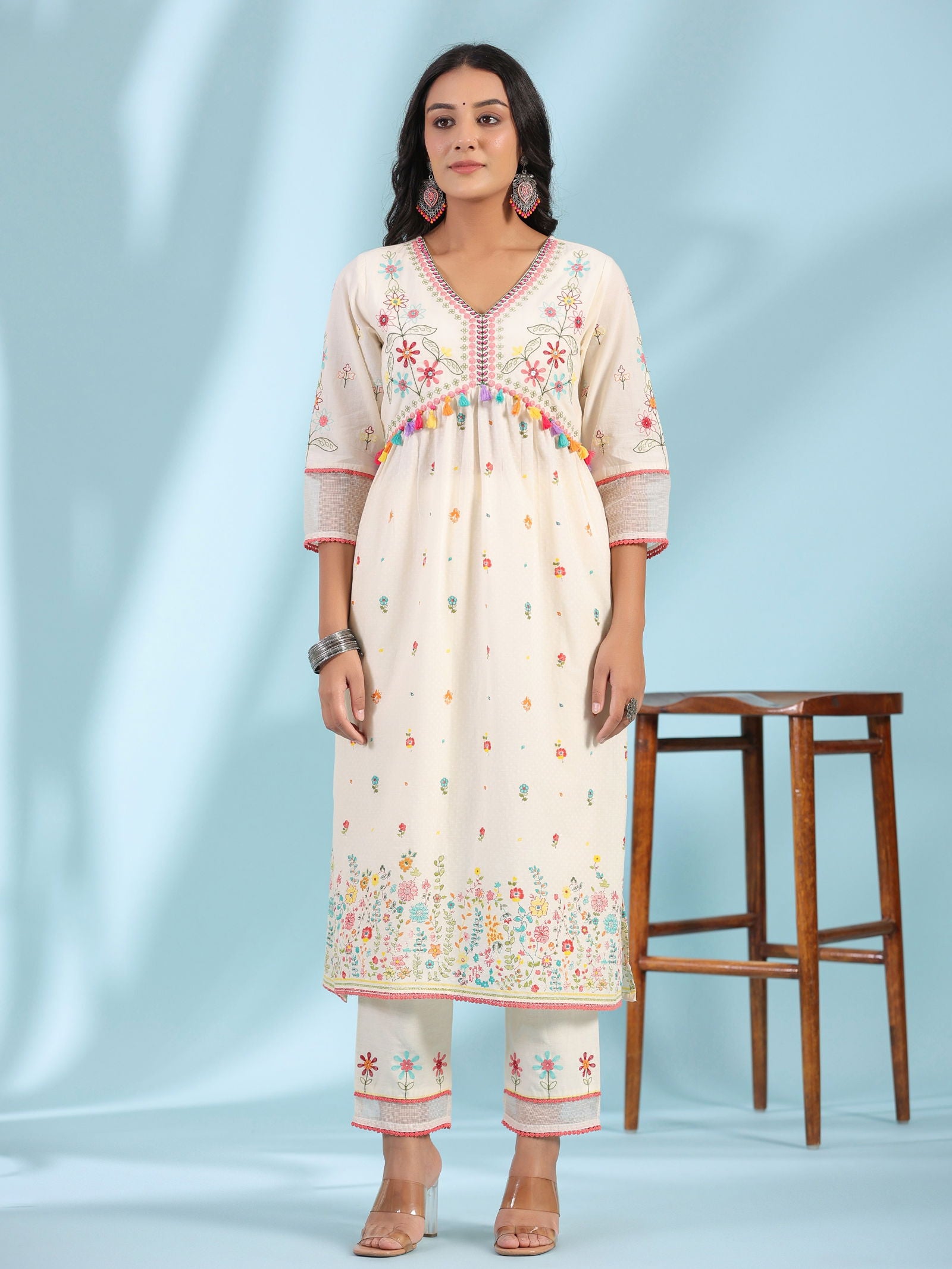 Juniper  White Pure Cotton Floral Print Alia Cut Lacy Kurta With Pant & Dupatta Set With Tassel 