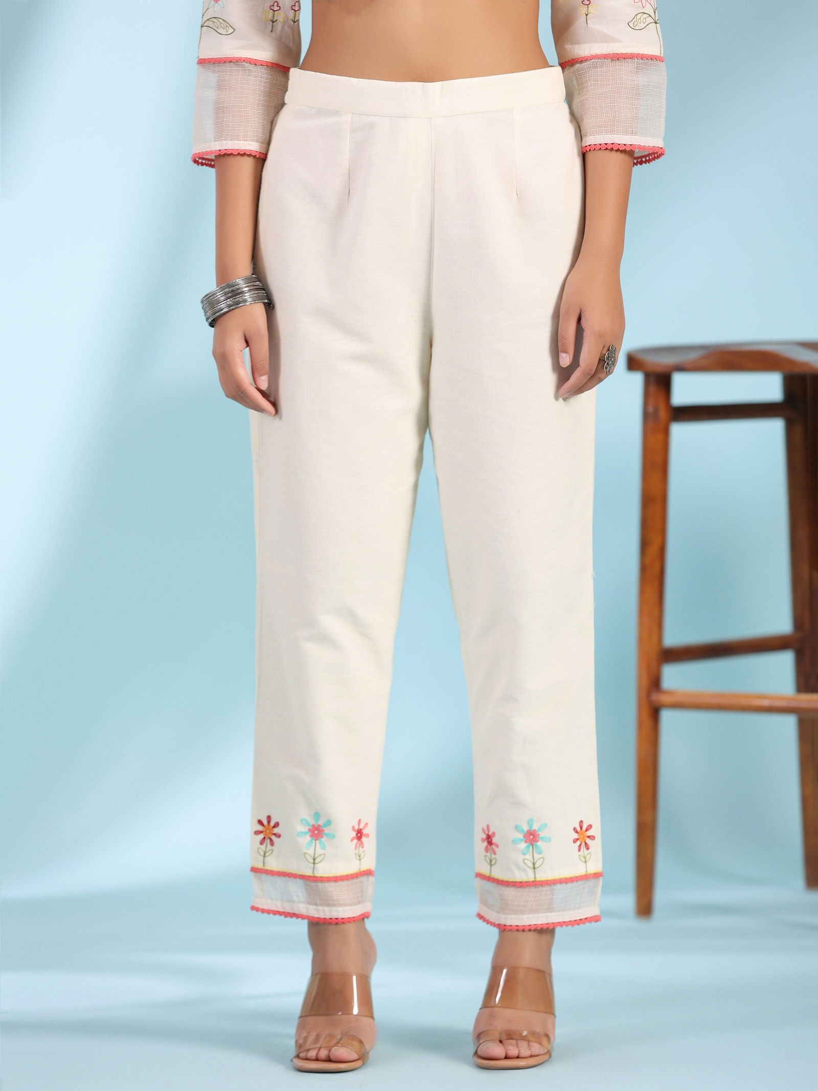 Juniper  White Pure Cotton Floral Print Alia Cut Lacy Kurta With Pant & Dupatta Set With Tassel 