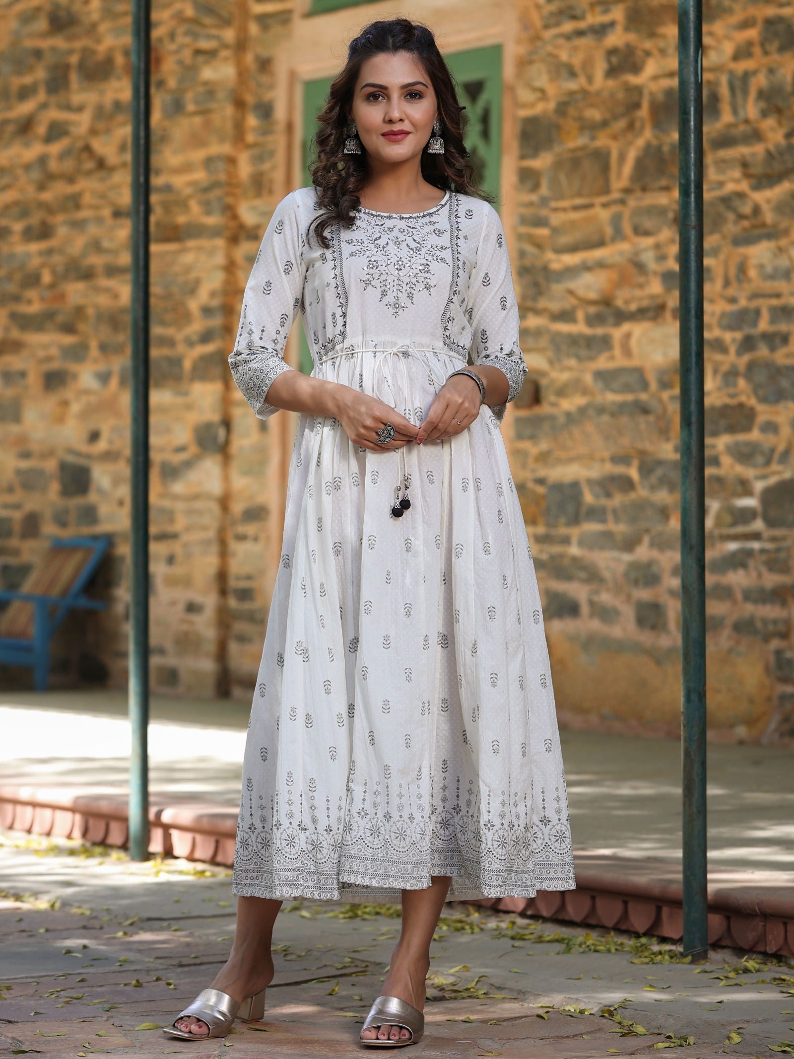 Juniper  White Pure Cotton Printed Kurta, Sharara & Dupatta Set With Beads & Sequins 