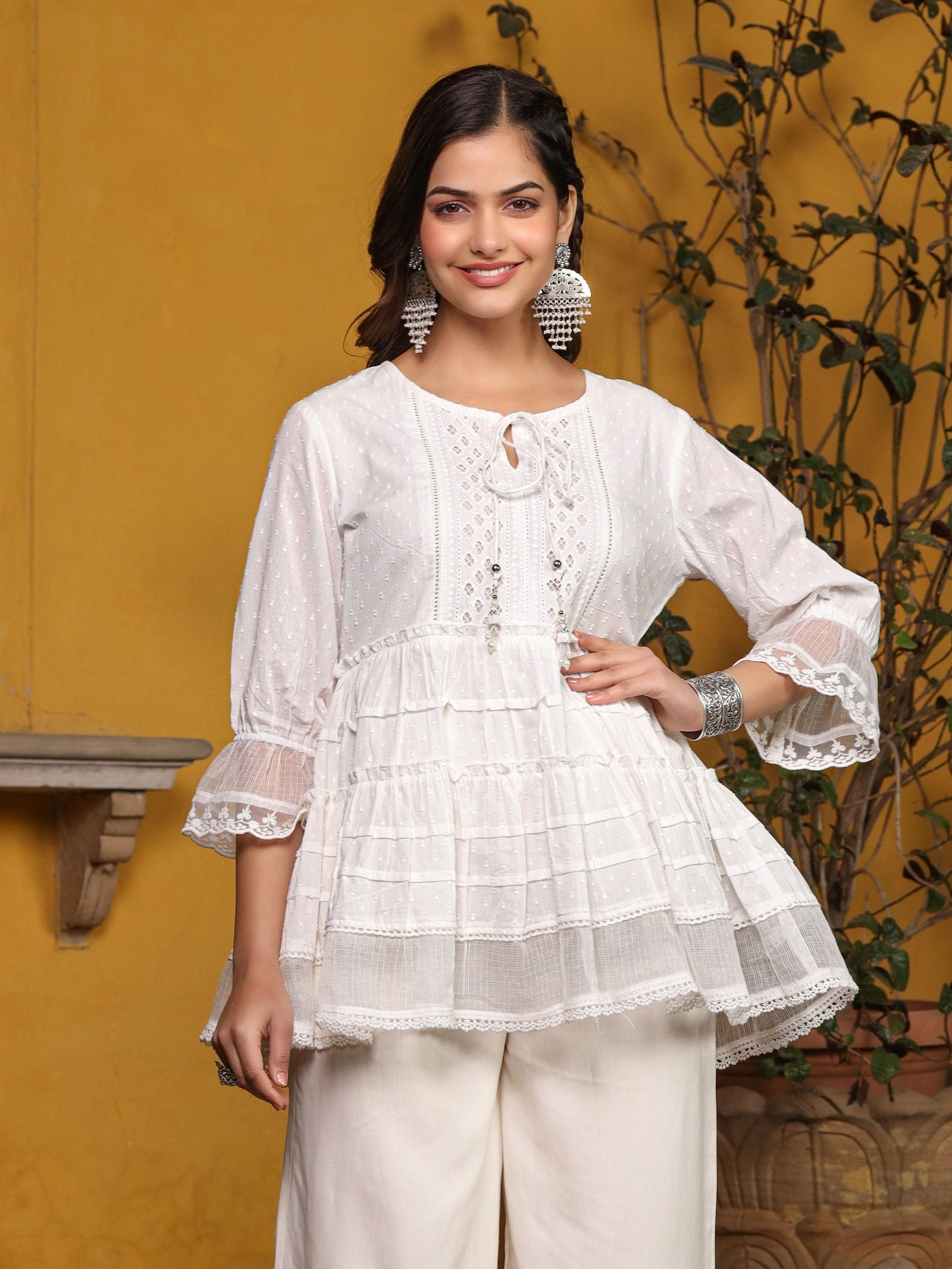 Juniper  White Solid Peplum Lacy Keyhole Neckline Tunic With Lining 