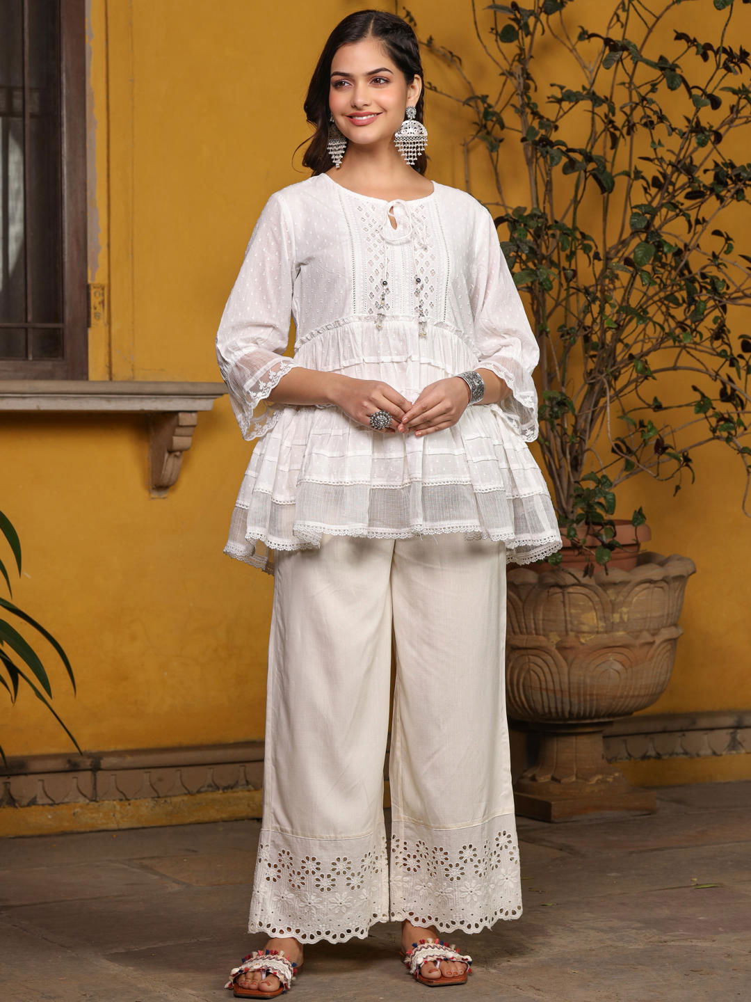 Juniper  White Solid Peplum Lacy Keyhole Neckline Tunic With Lining 