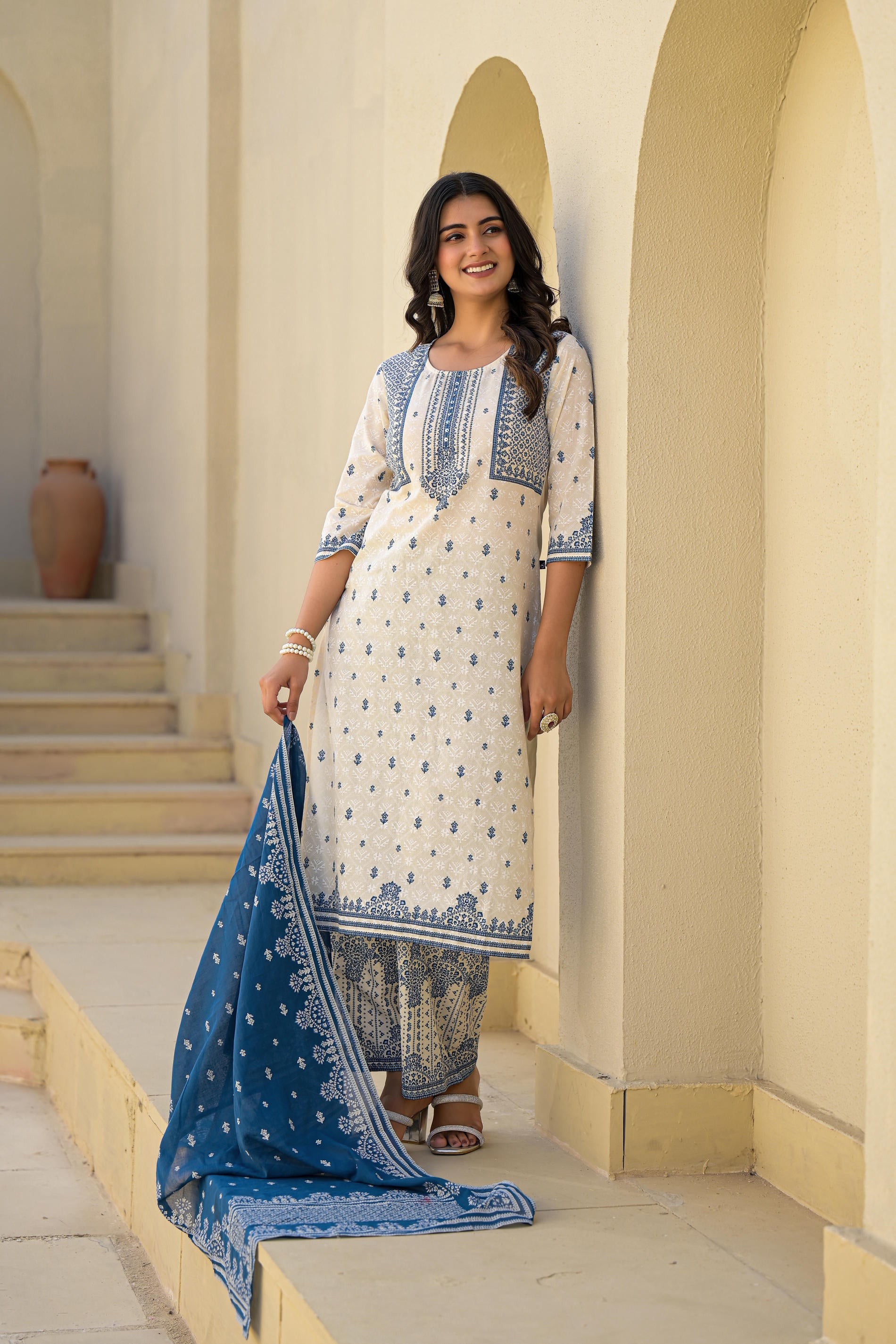 Ivory & Indigo Serenity Block Print Cotton Suit Set