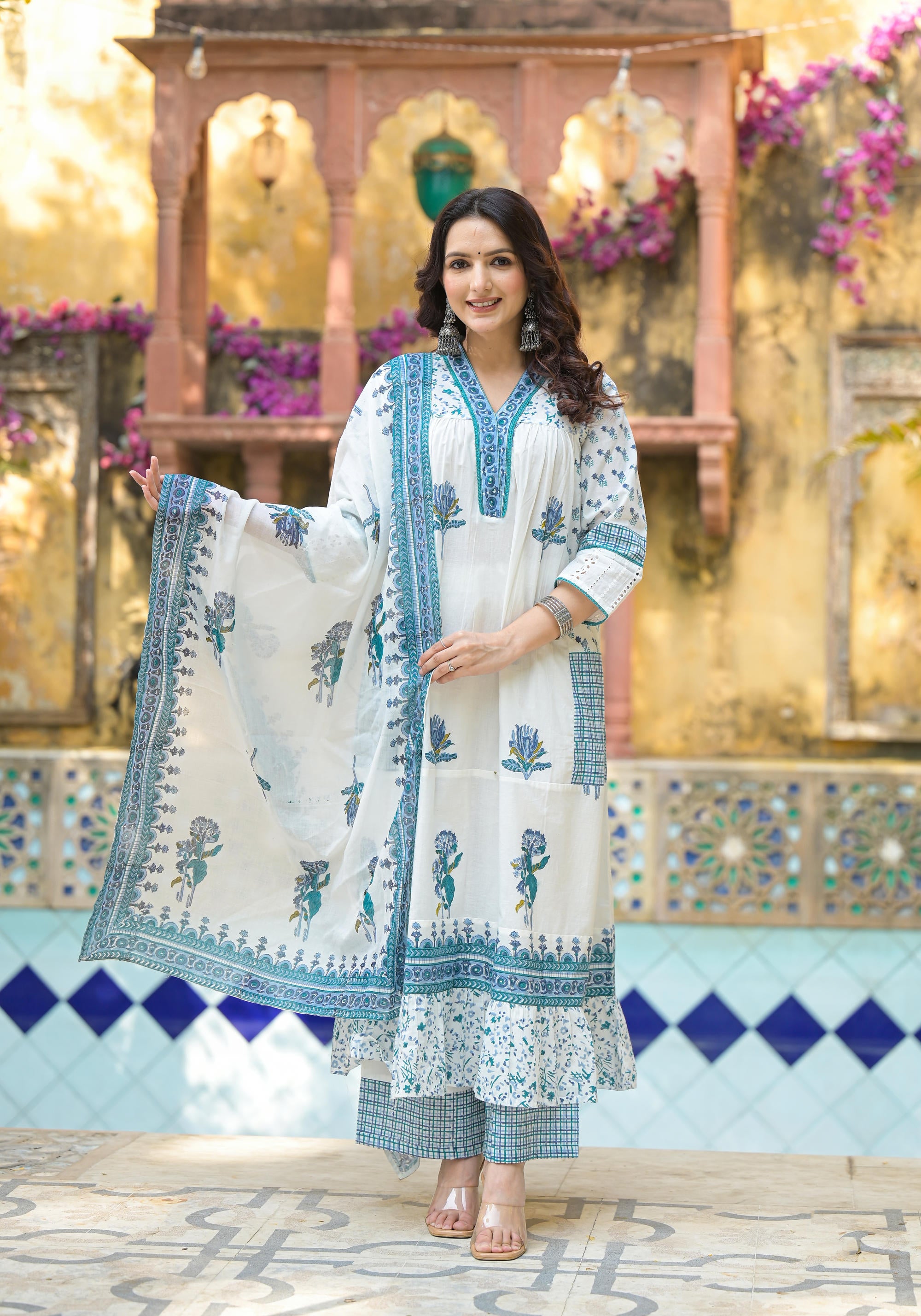 White Floral Printed Cotton A-line Kurta Pant And Dupatta Set