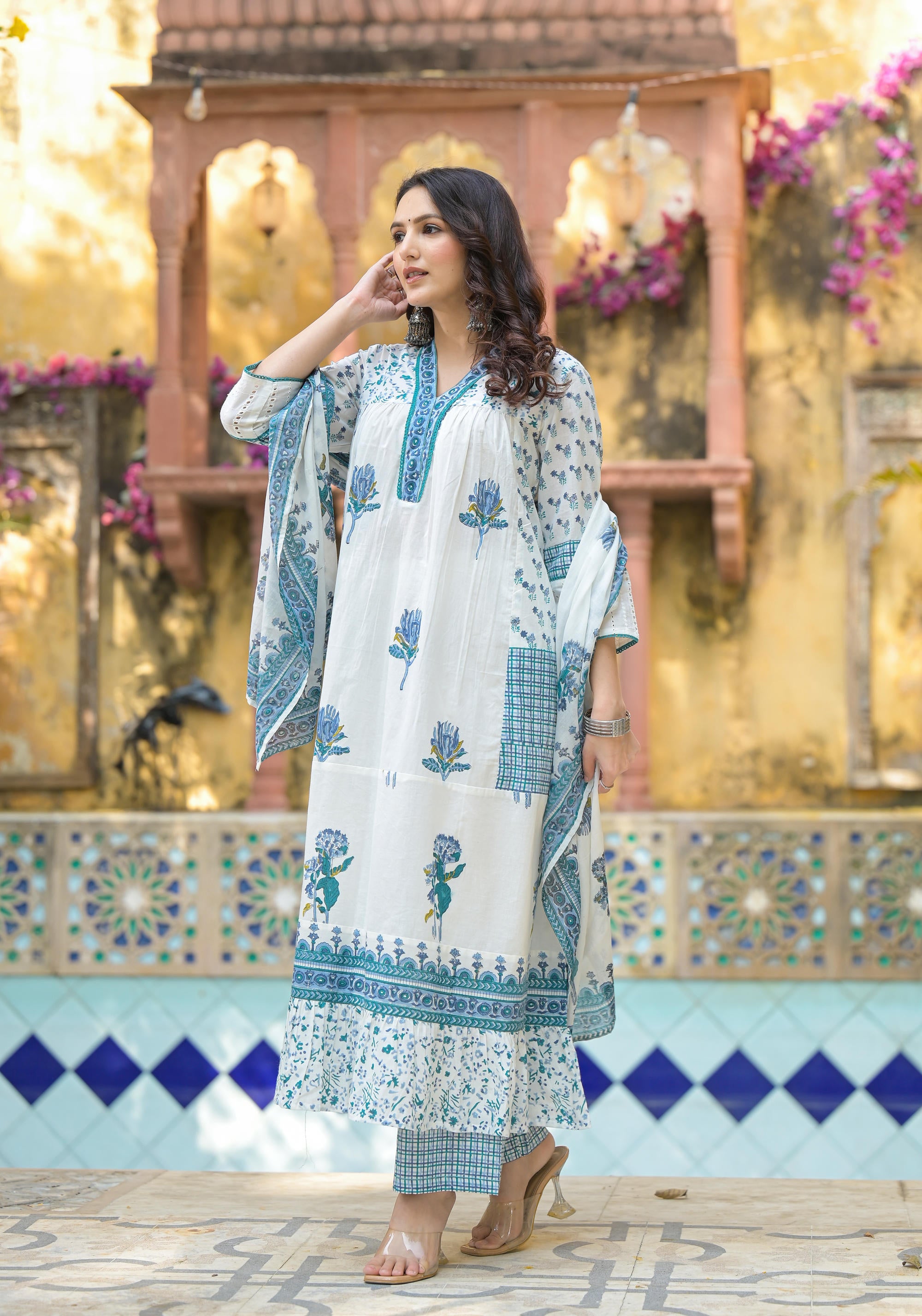 White Floral Printed Cotton A-line Kurta Pant And Dupatta Set