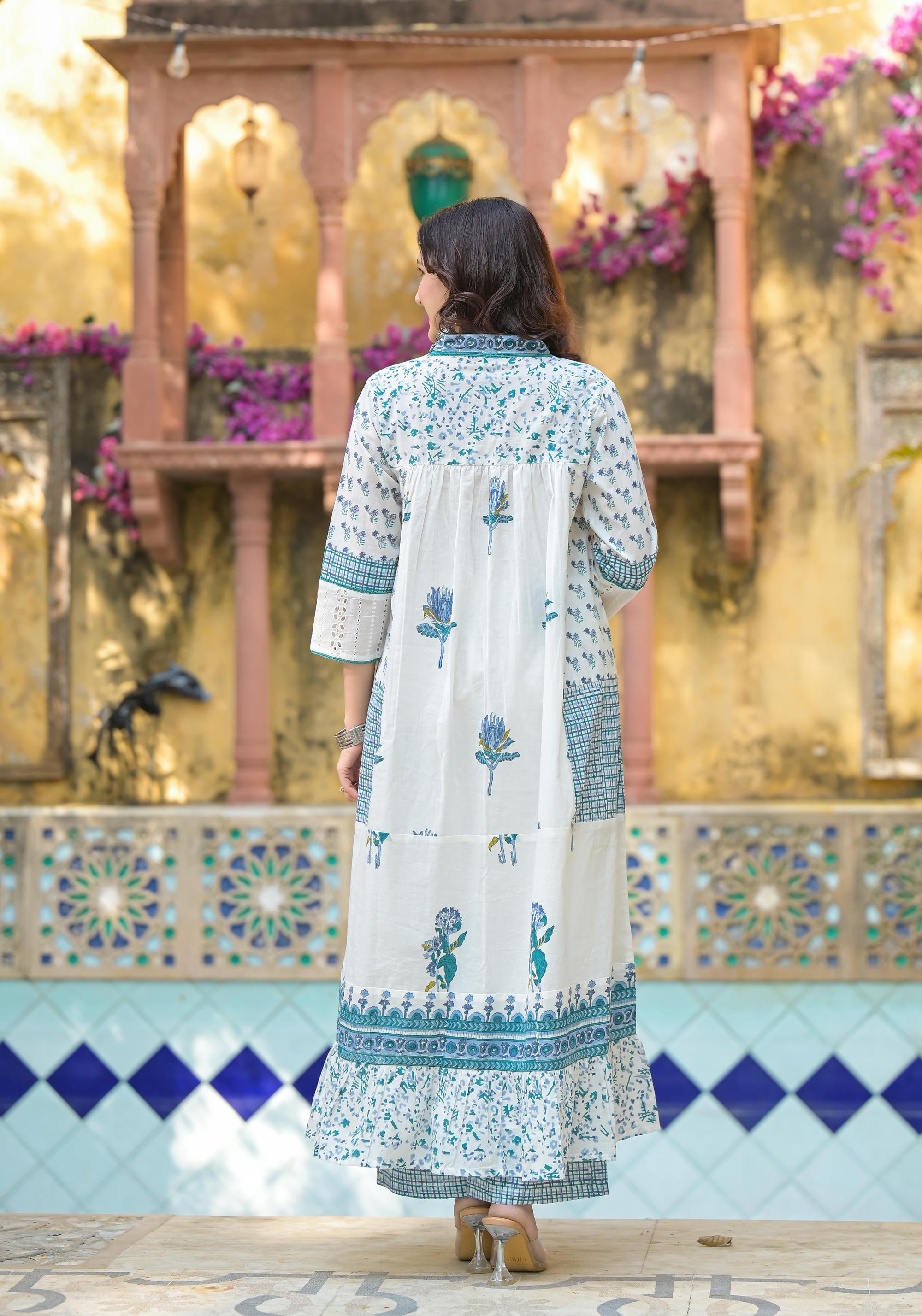 White Floral Printed Cotton A-line Kurta Pant And Dupatta Set