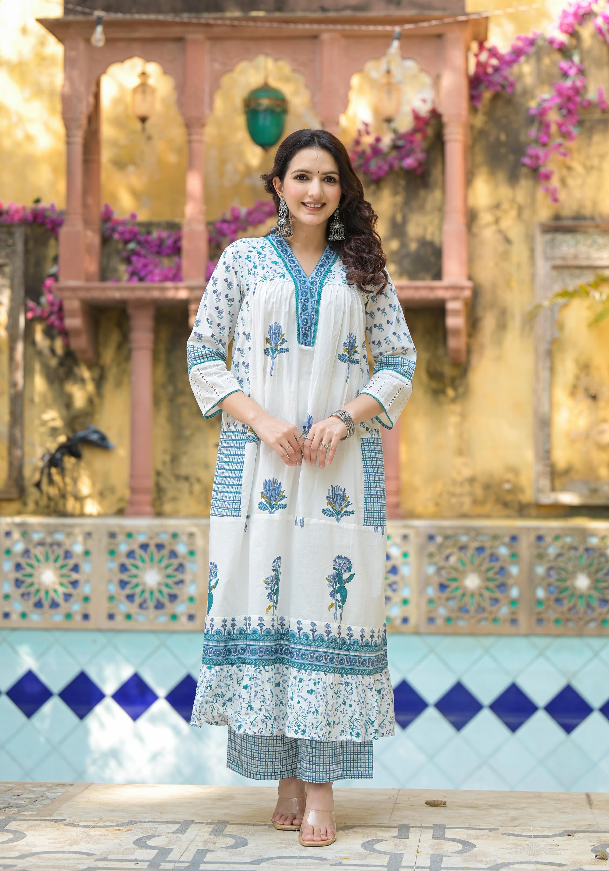 White Floral Printed Cotton A-line Kurta Pant And Dupatta Set