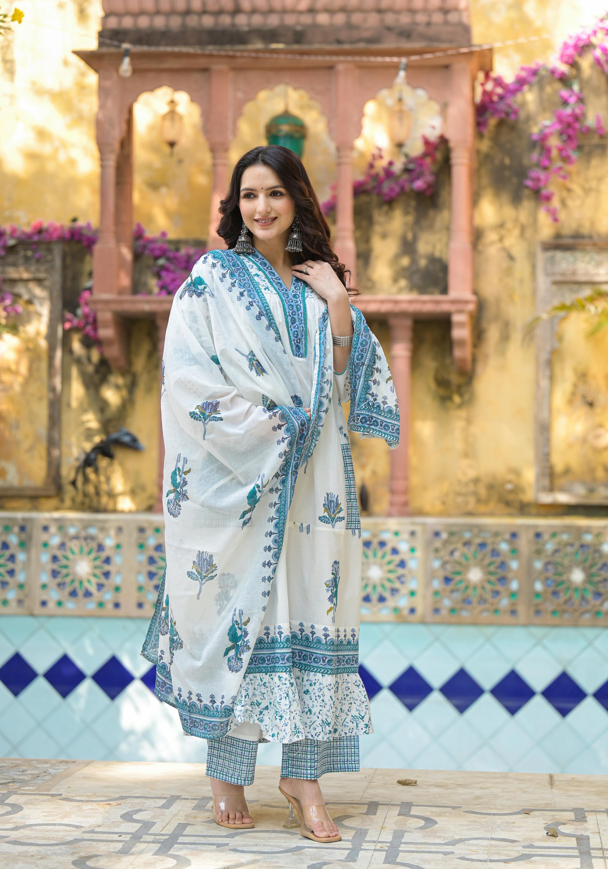 White Floral Printed Cotton A-line Kurta Pant And Dupatta Set