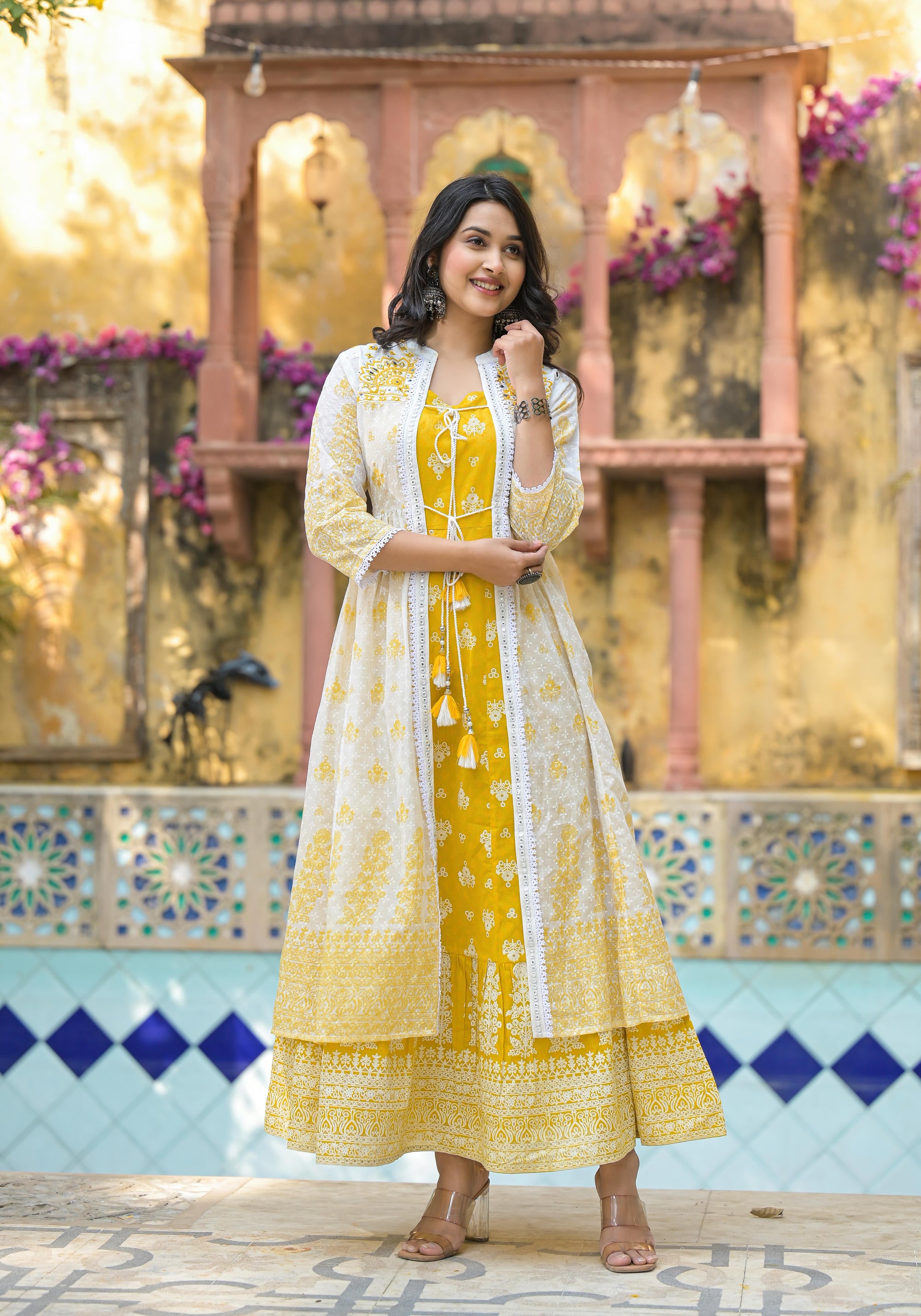 Mustard Ethnic Motif Printed Cotton Kurta & Shrug With Doris