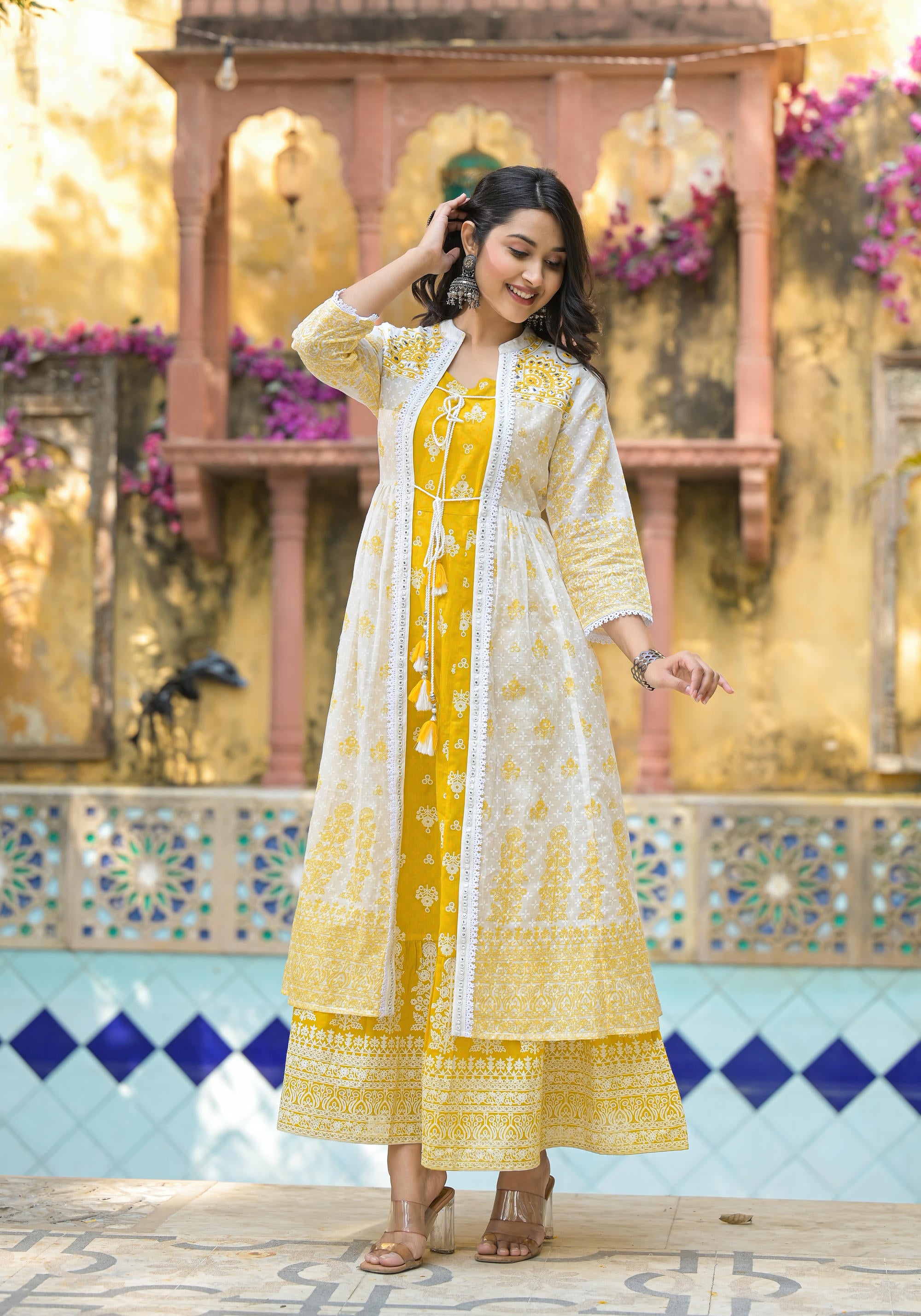 Mustard Ethnic Motif Printed Cotton Kurta & Shrug With Doris