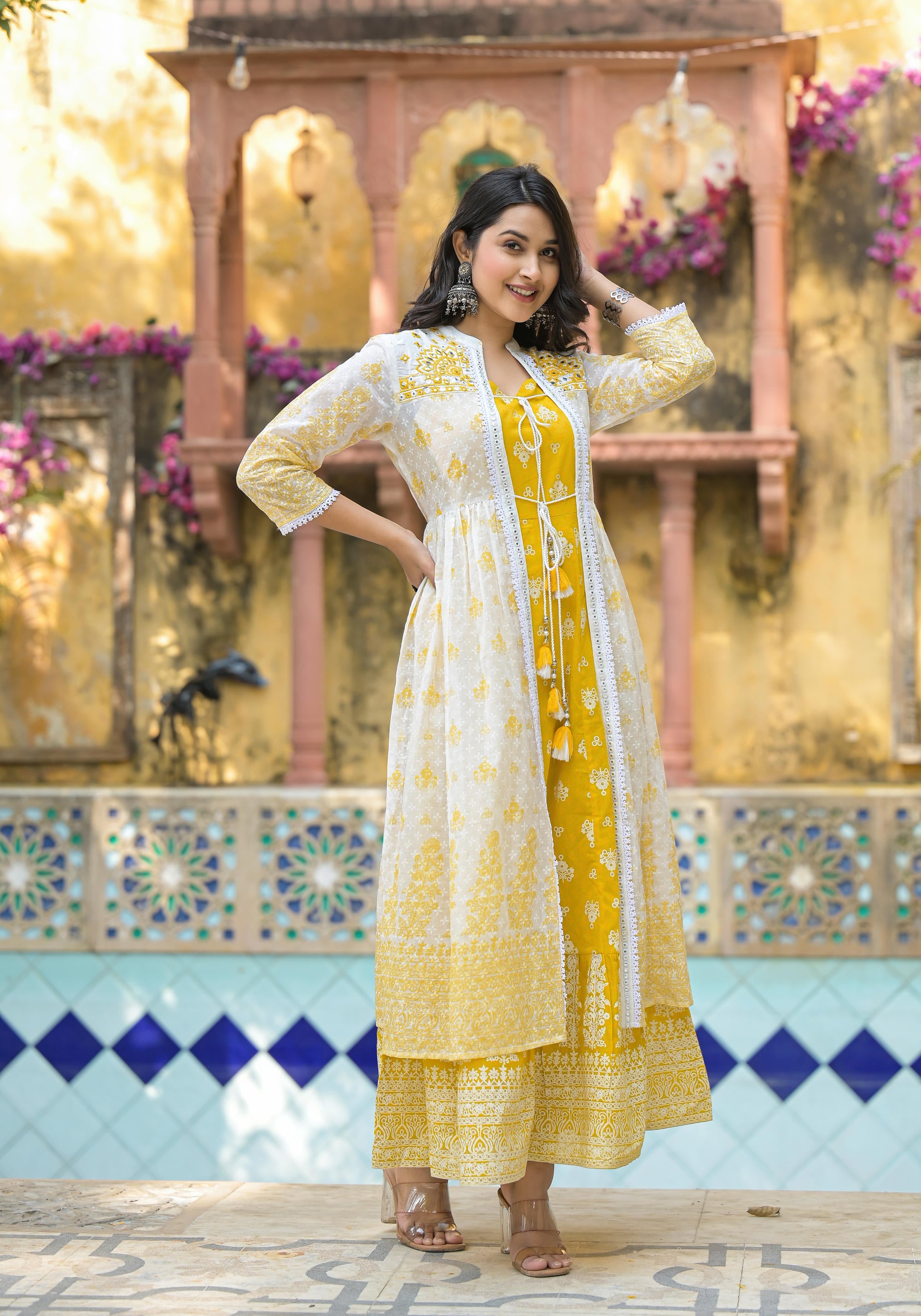 Mustard Ethnic Motif Printed Cotton Kurta & Shrug With Doris