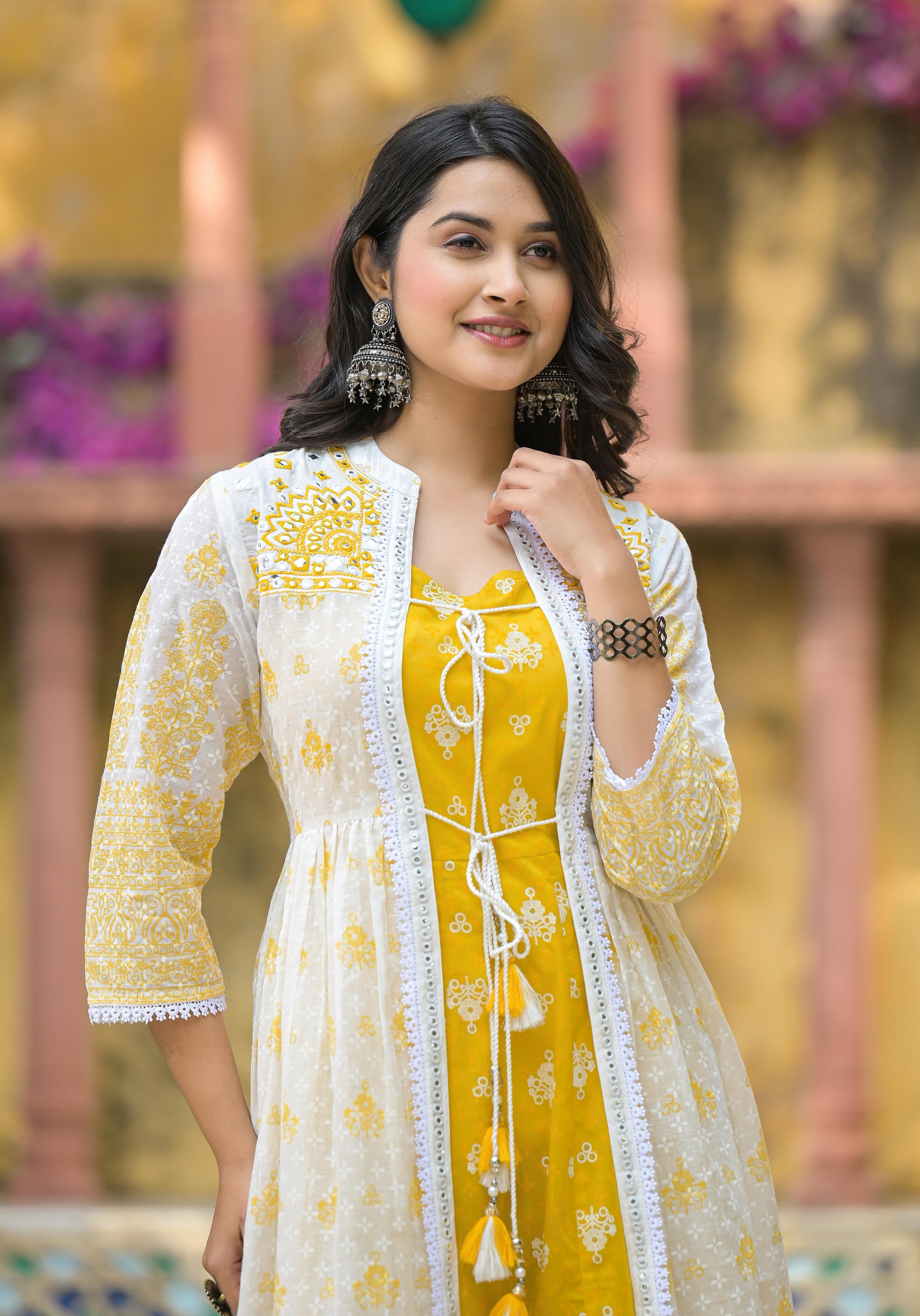 Mustard Ethnic Motif Printed Cotton Kurta & Shrug With Doris