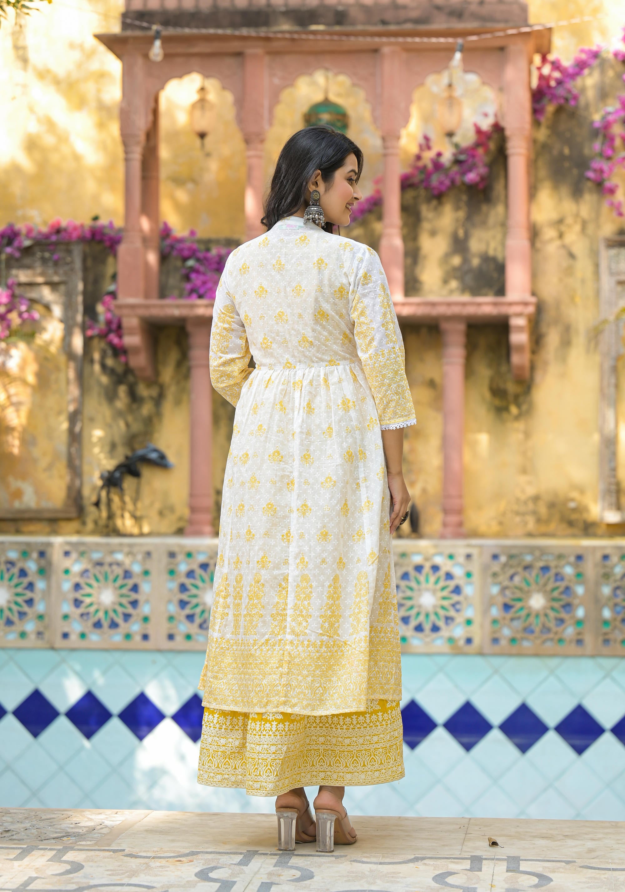 Mustard Ethnic Motif Printed Cotton Kurta & Shrug With Doris