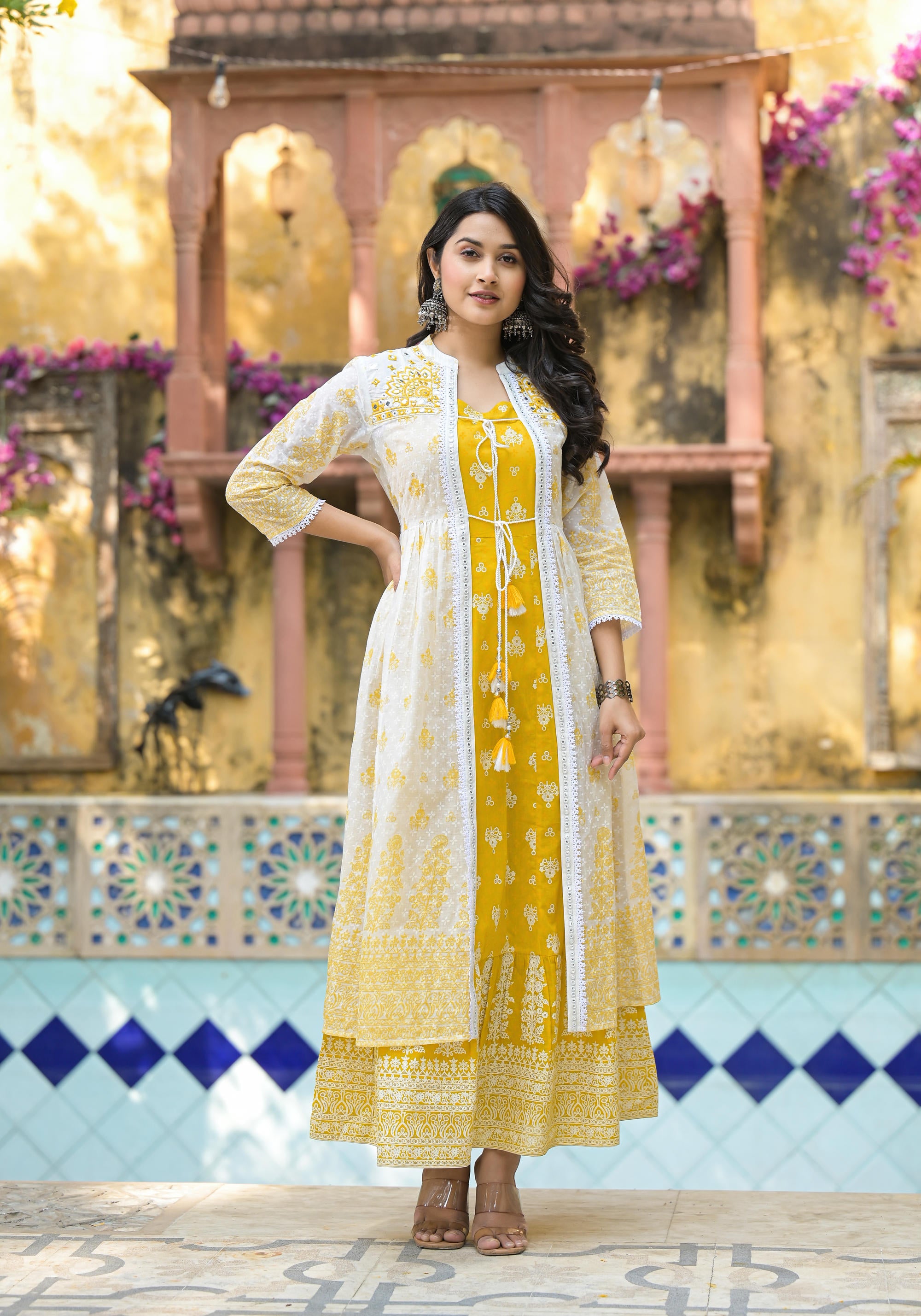 Mustard Ethnic Motif Printed Cotton Kurta & Shrug With Doris