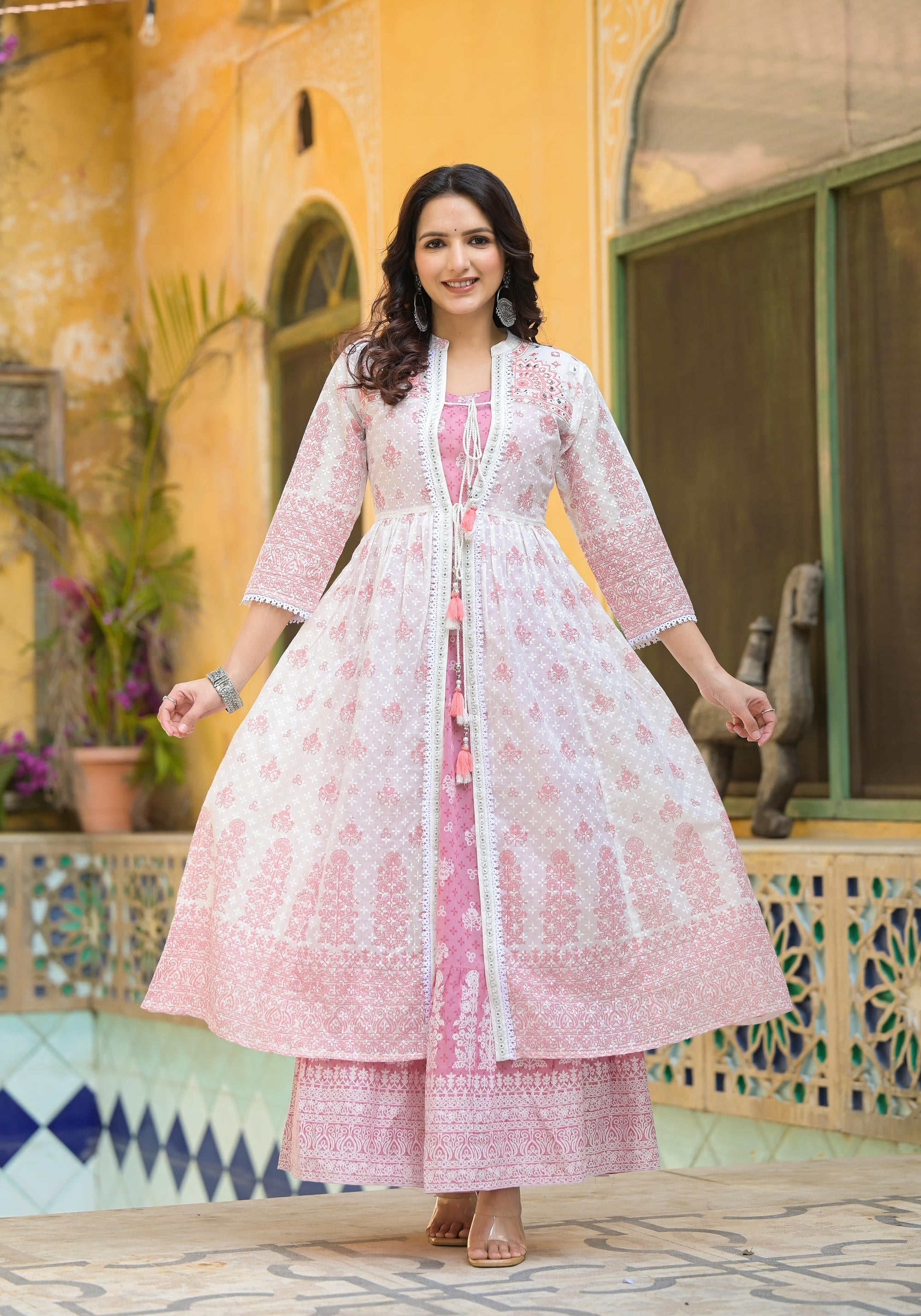 Pink Ethnic Motif Printed Cotton Kurta & Shrug With Doris