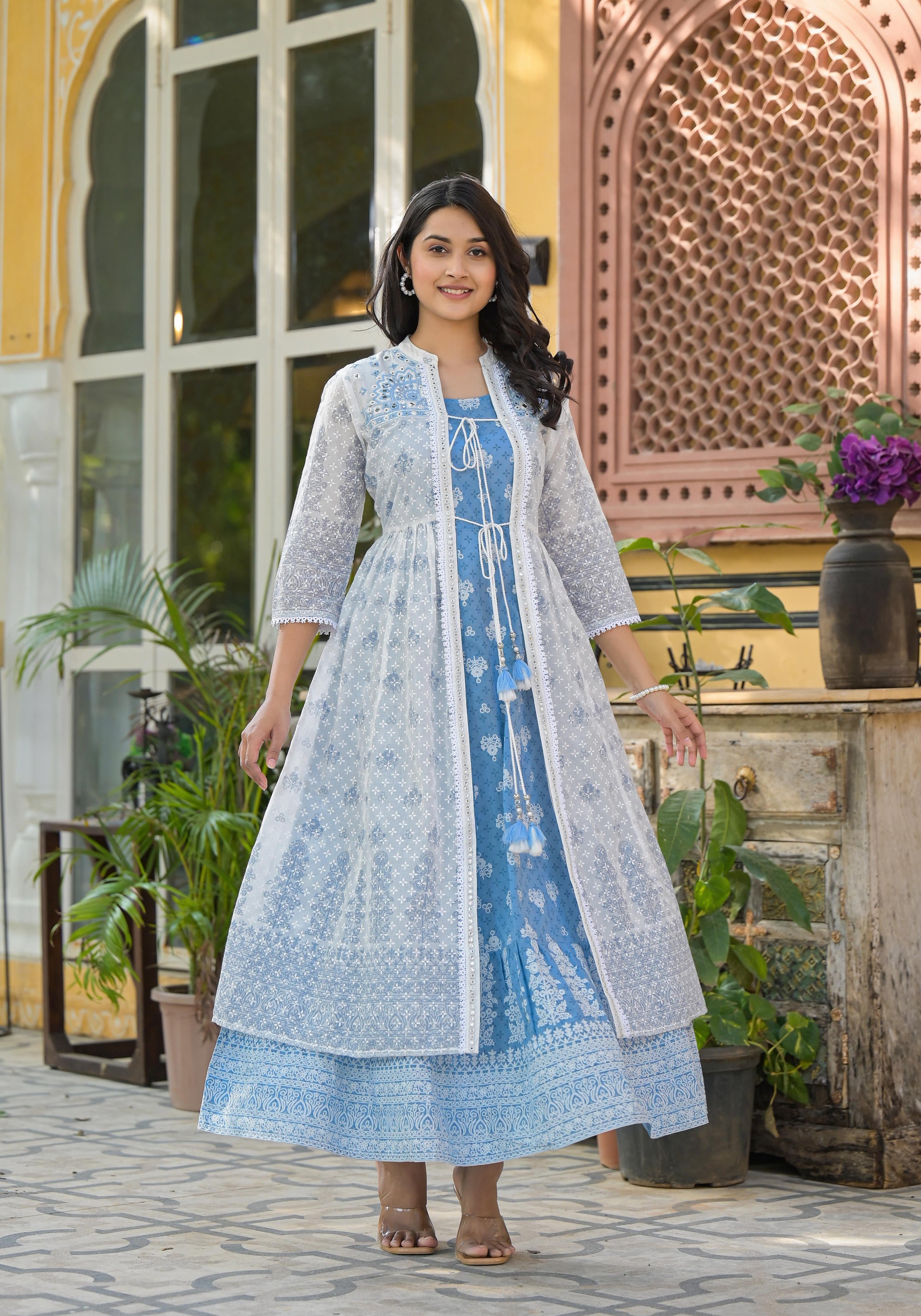 Azure Blossom Layered Cotton Anarkali Dress with Printed Jacket