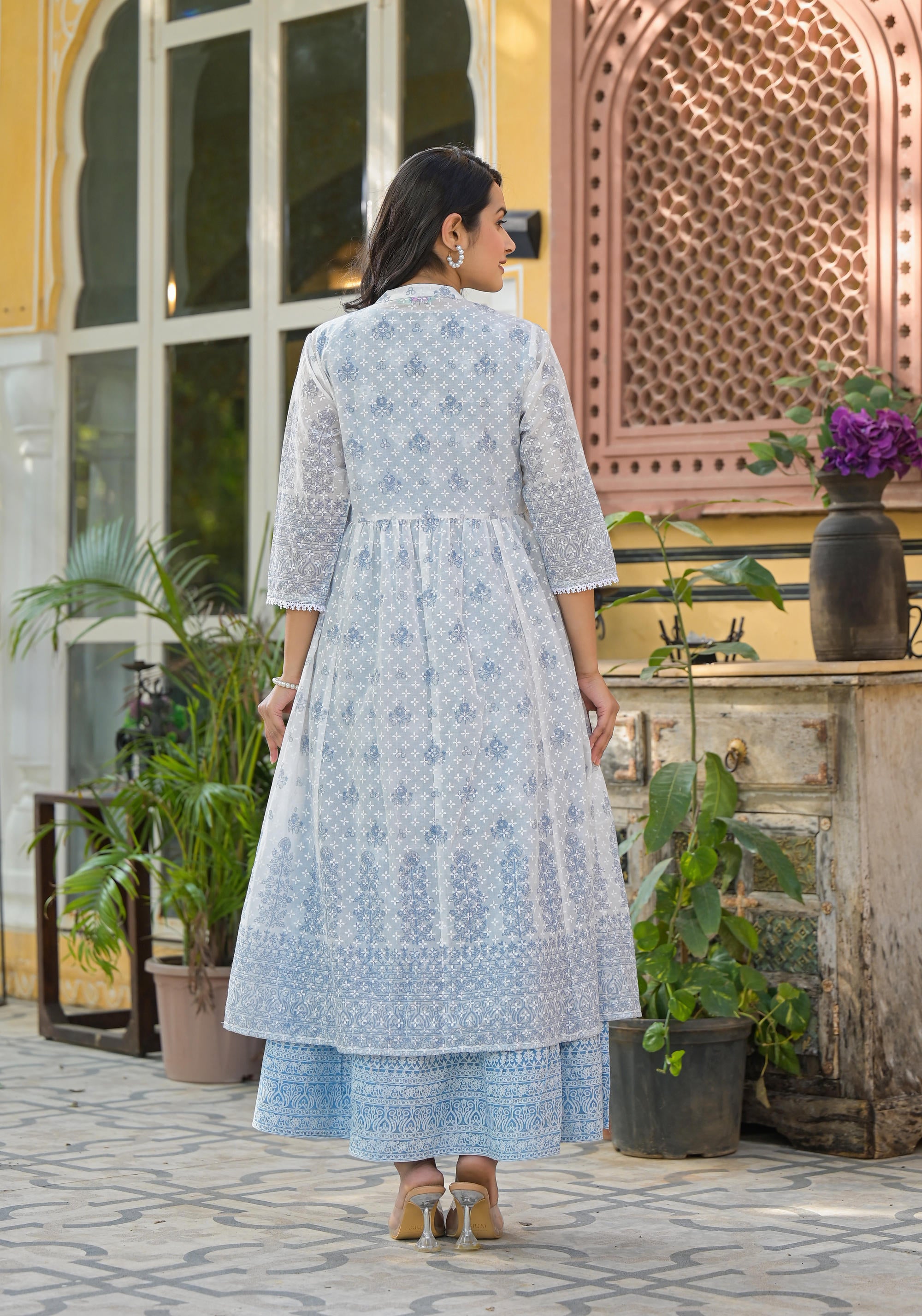 Azure Blossom Layered Cotton Anarkali Dress with Printed Jacket