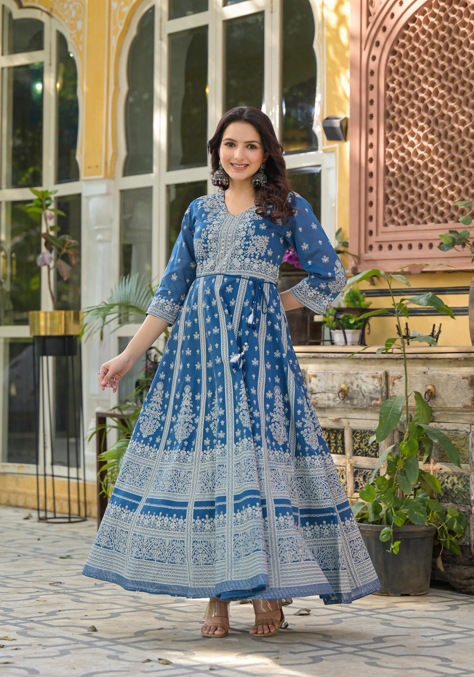 Indigo Ethnic Motif Printed Cotton Long Dress