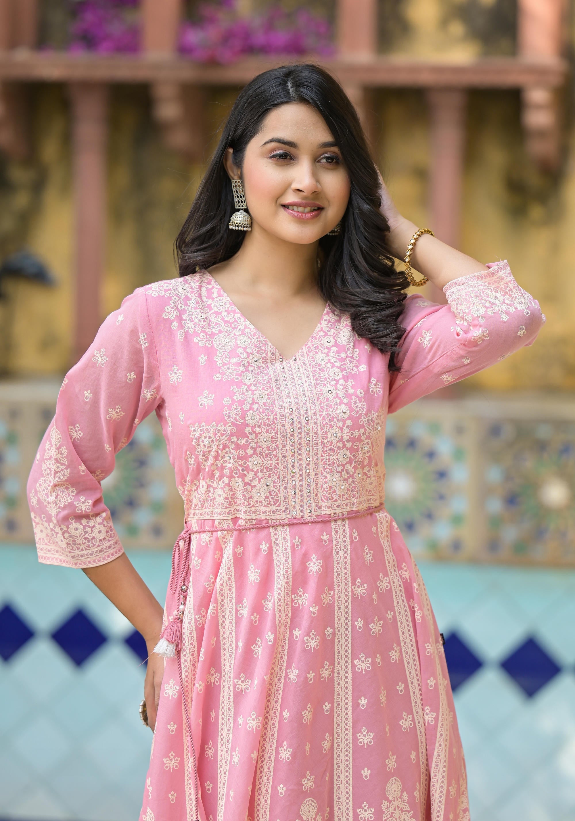 Onion Pink Anarkali Dress with Intricate White Print