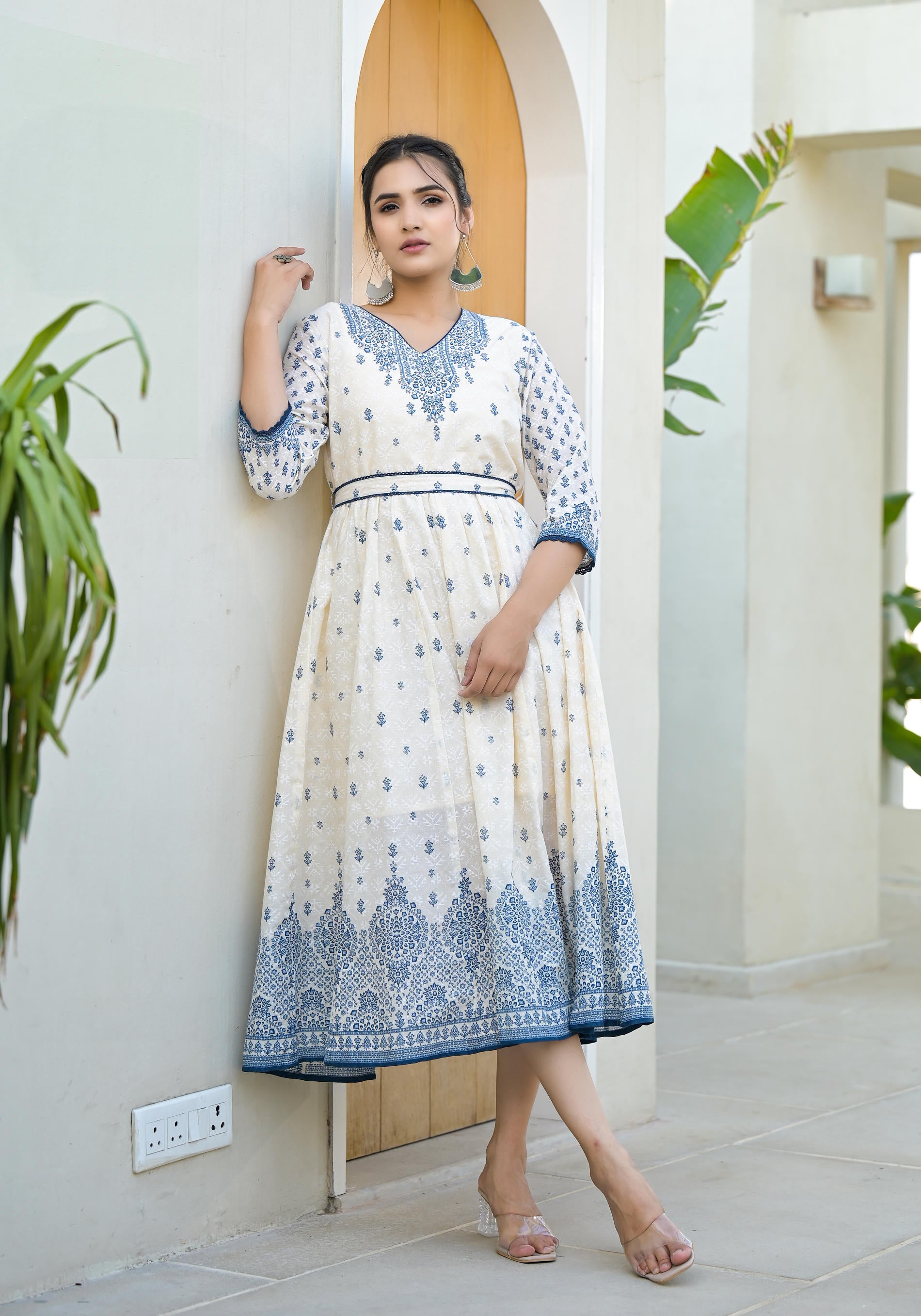 Serene Indigo Mughal Motif Cotton Midi Dress