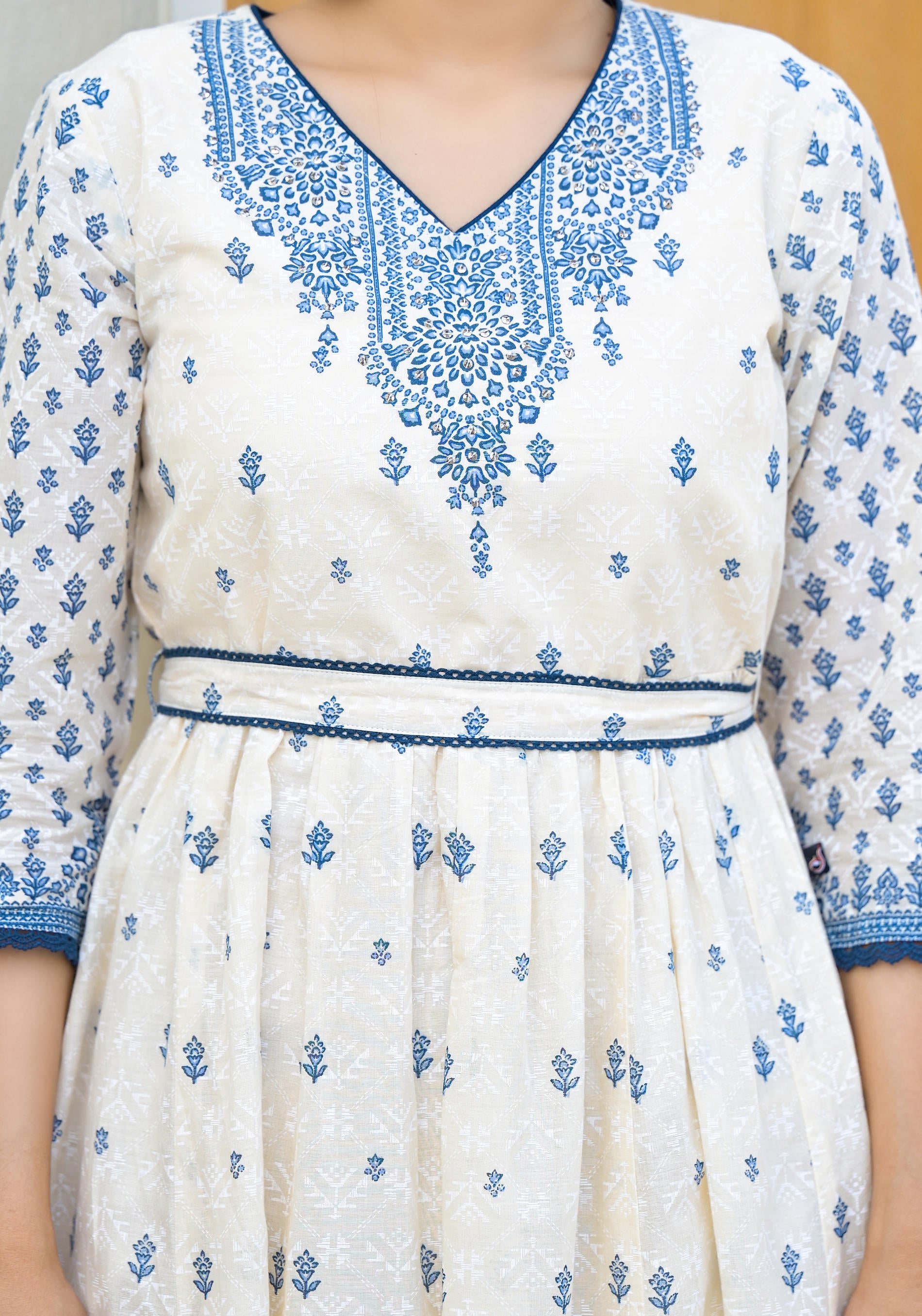 Serene Indigo Mughal Motif Cotton Midi Dress