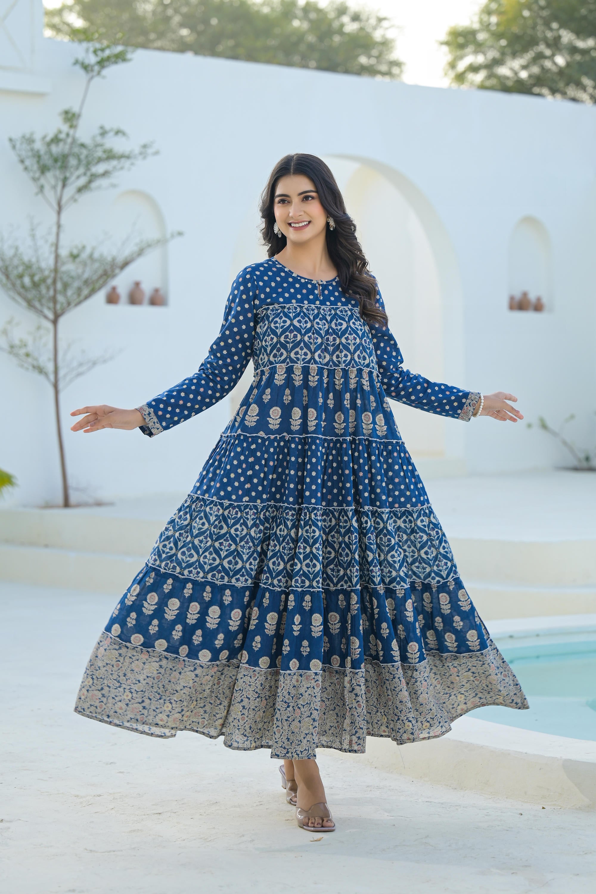 Indigo Ethnic Motif Printed Cotton Long Dress With Sequins & Thread Work