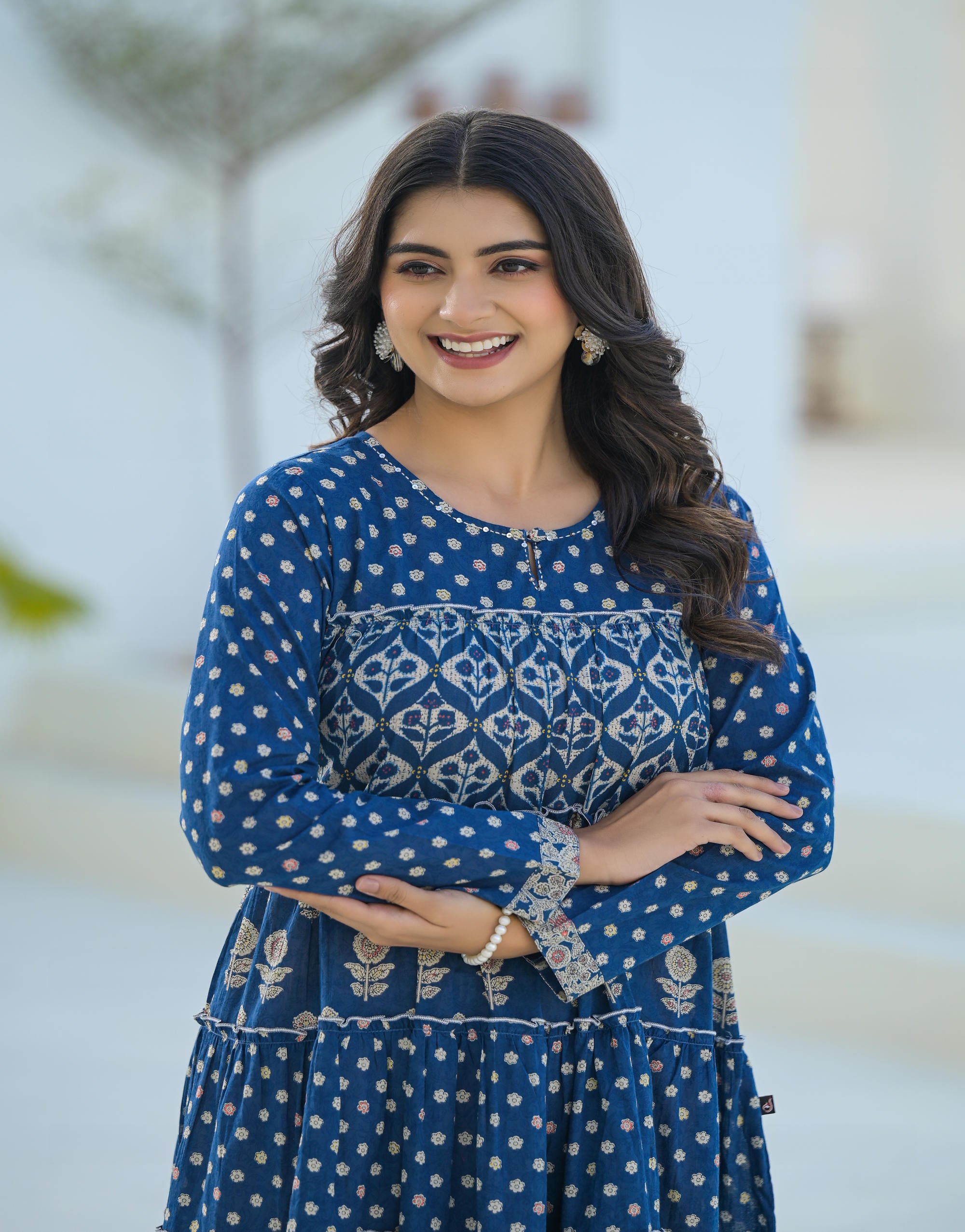 Indigo Ethnic Motif Printed Cotton Long Dress With Sequins & Thread Work