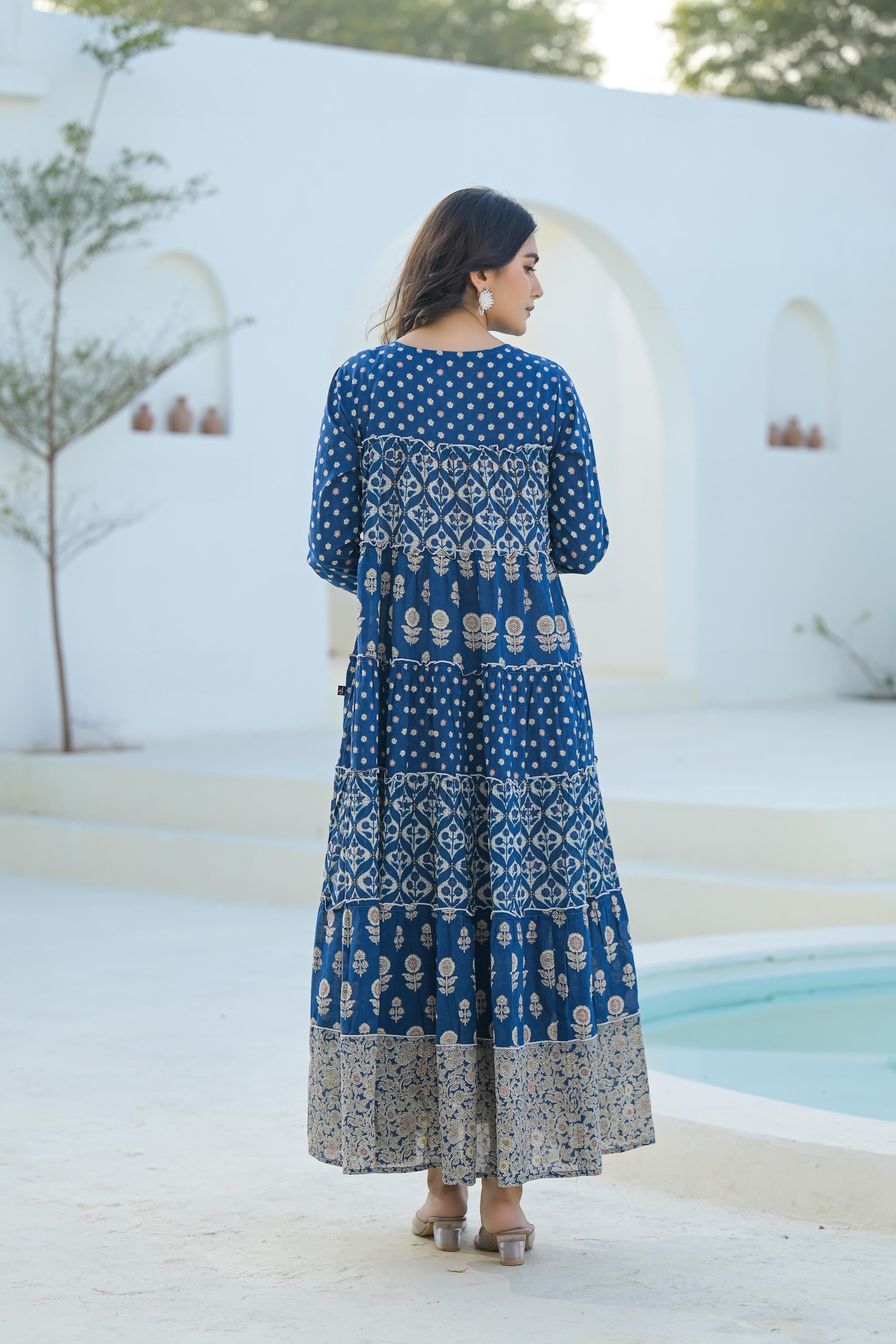 Indigo Ethnic Motif Printed Cotton Long Dress With Sequins & Thread Work