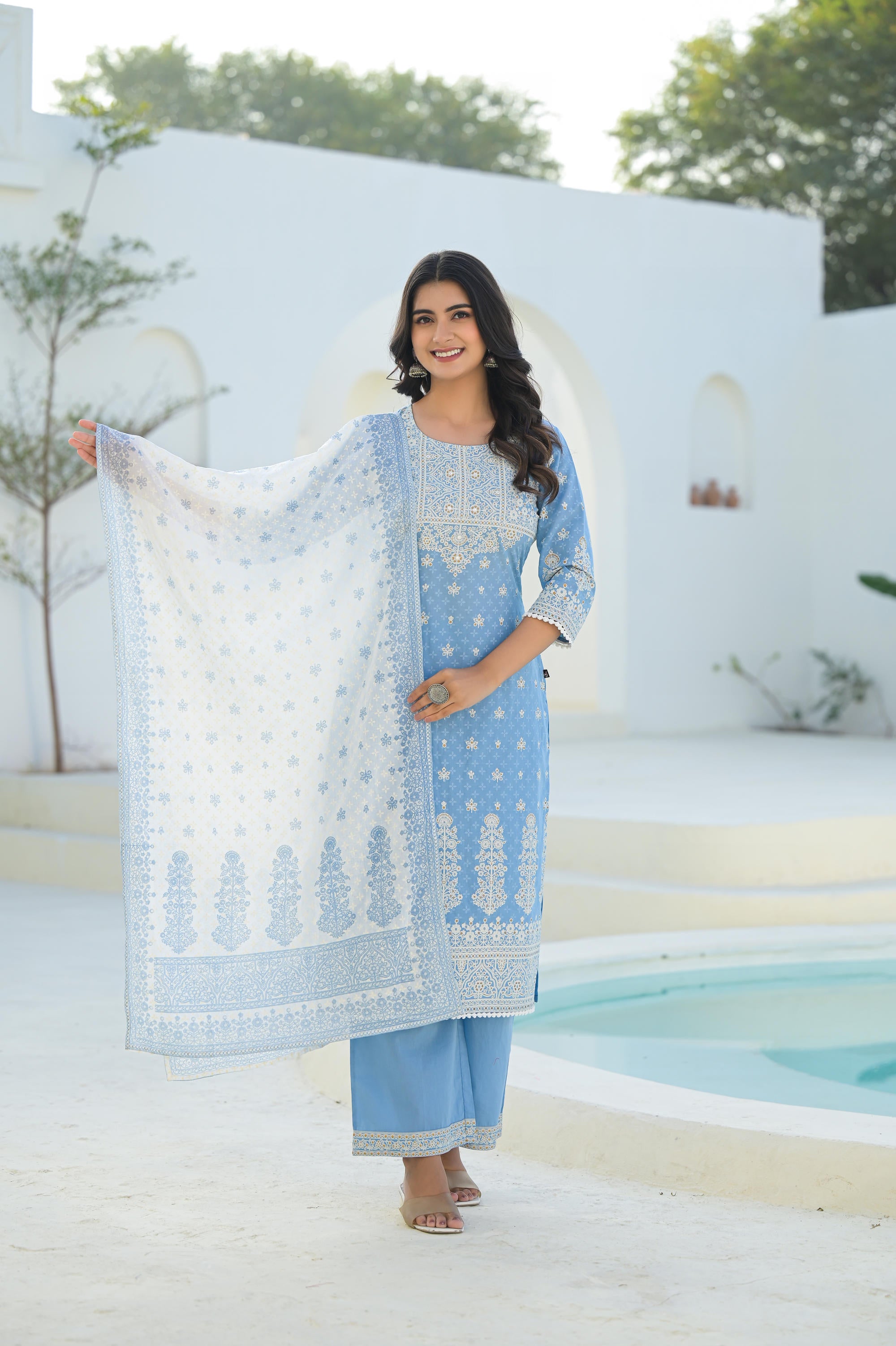 Sky Blue Embroidered Cotton Suit Set with Dupatta
