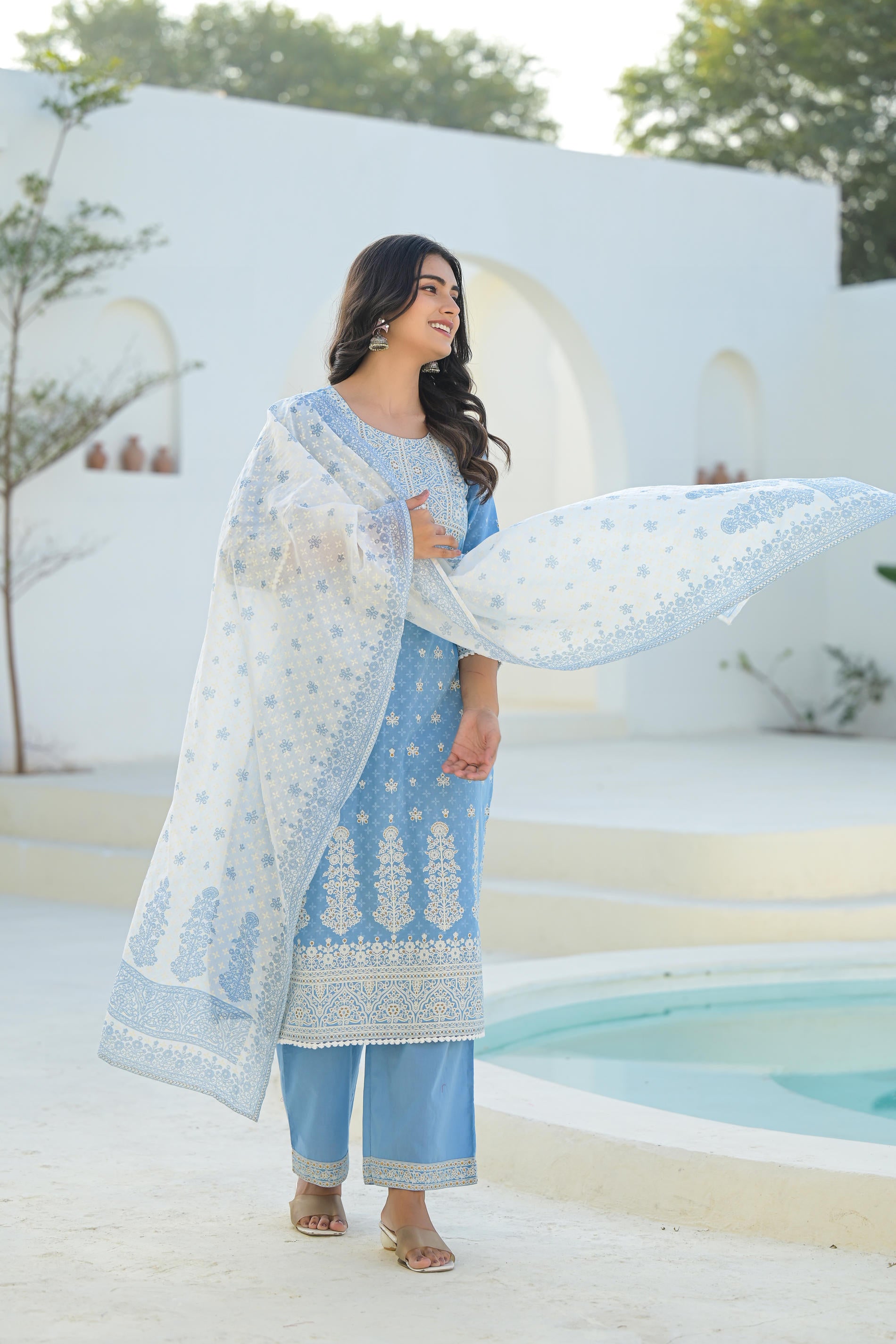 Sky Blue Embroidered Cotton Suit Set with Dupatta
