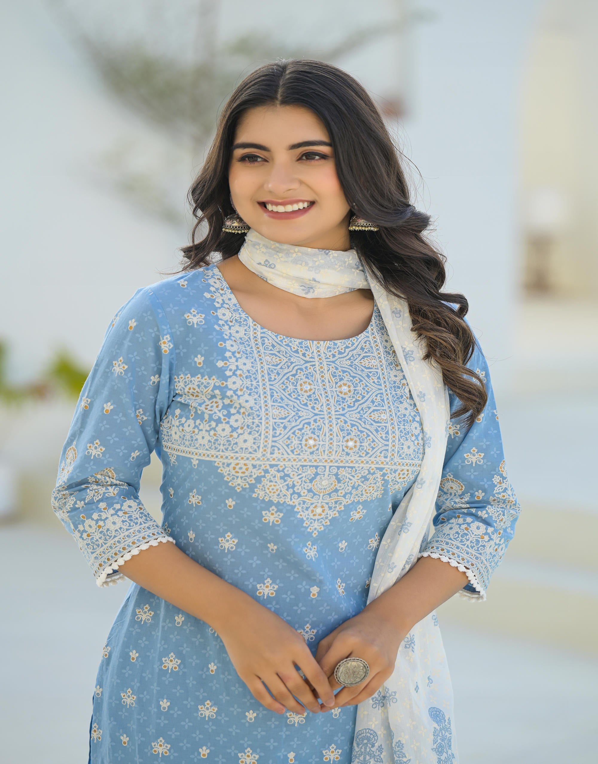 Sky Blue Embroidered Cotton Suit Set with Dupatta